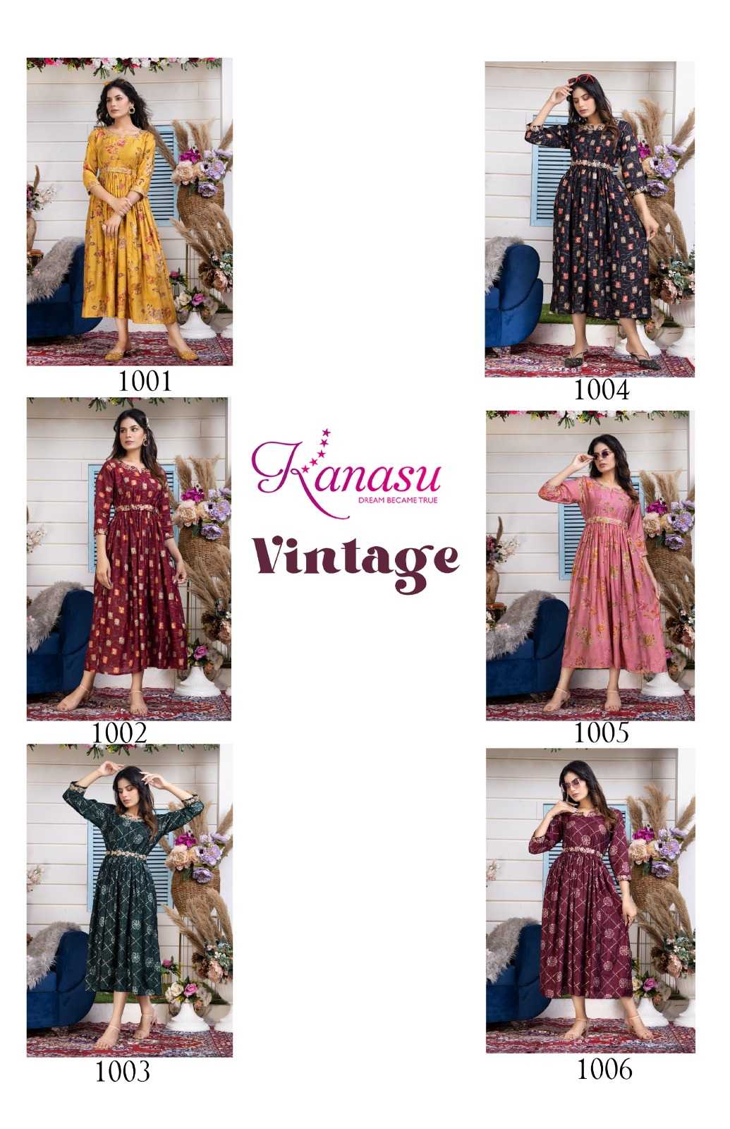 kanasu vintage stitched designer long flair kurti with adjustable dori 
