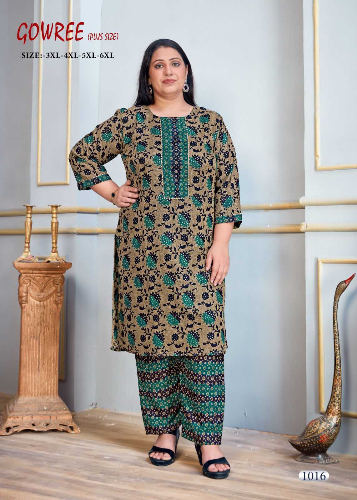pr gowree beautiful readymade plus size kurti pant for casual wear combo set