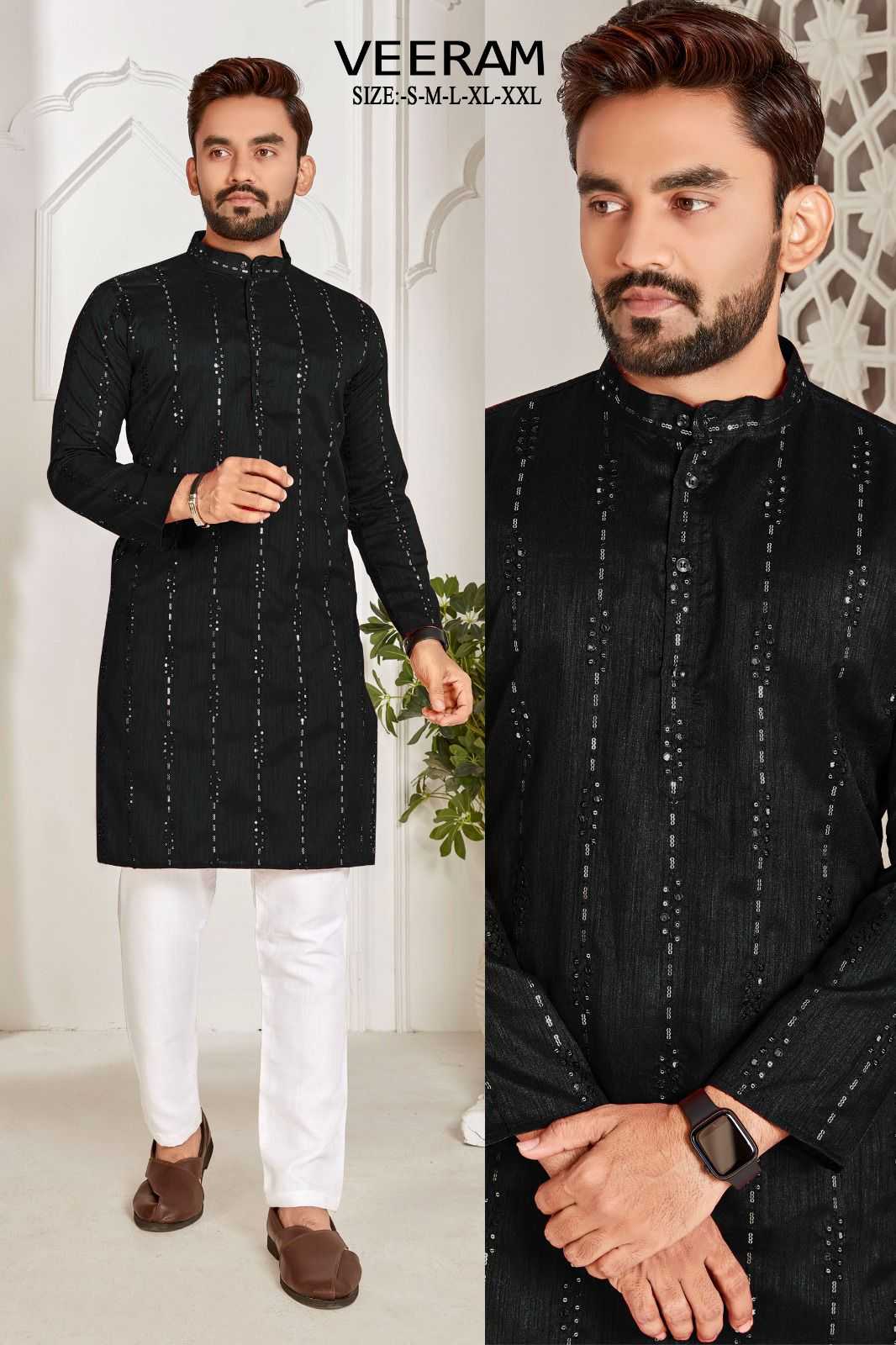 pr veeram readymade mens kurta with full embroidery sequence work festive wear catalog