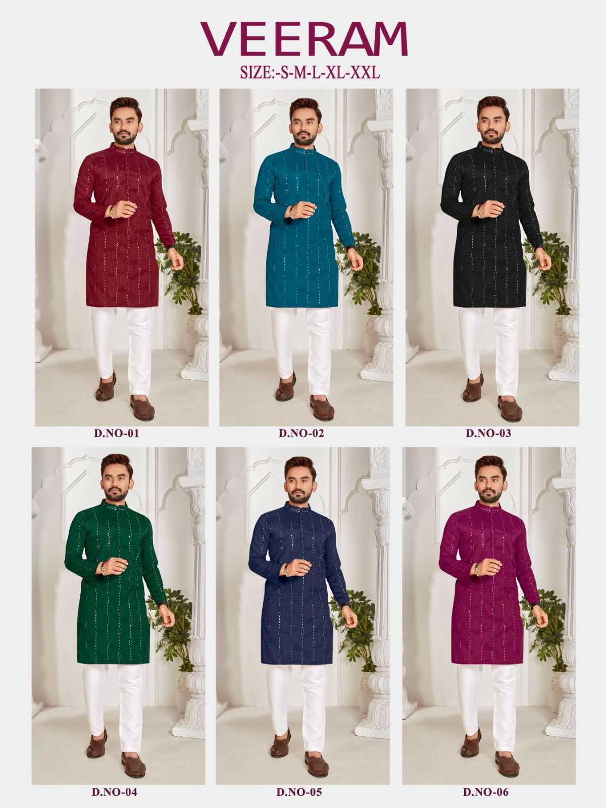 pr veeram readymade mens kurta with full embroidery sequence work festive wear catalog