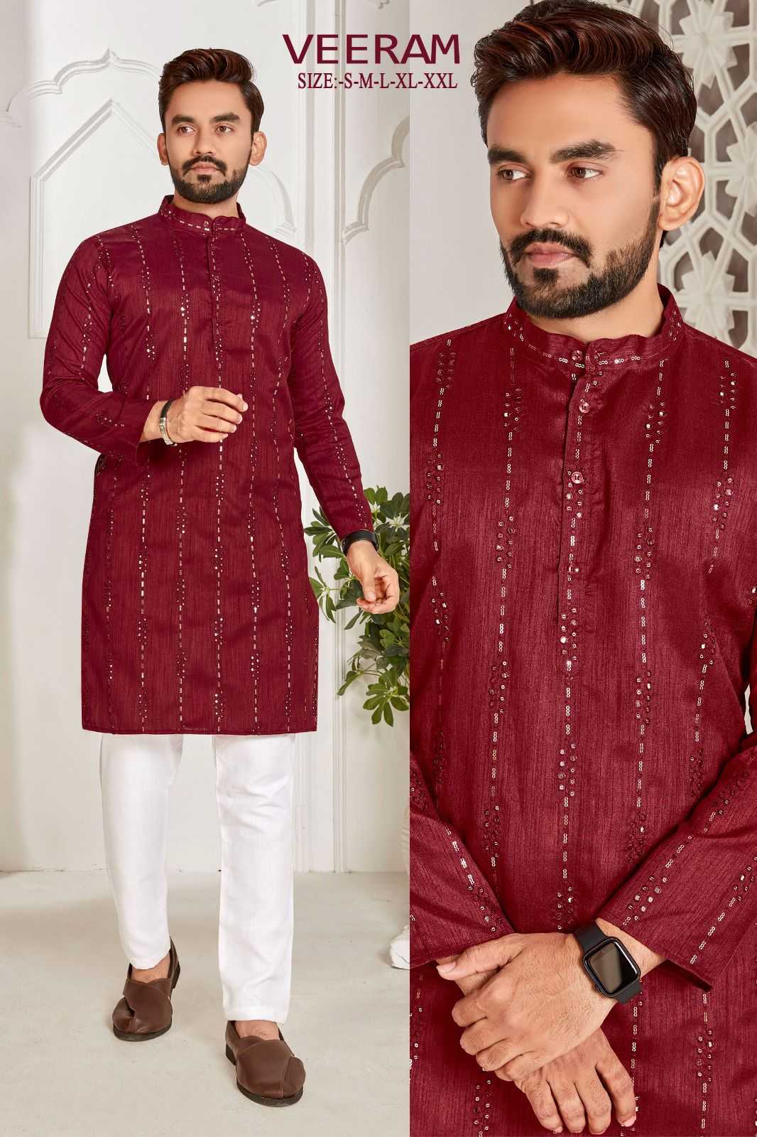 pr veeram readymade mens kurta with full embroidery sequence work festive wear catalog