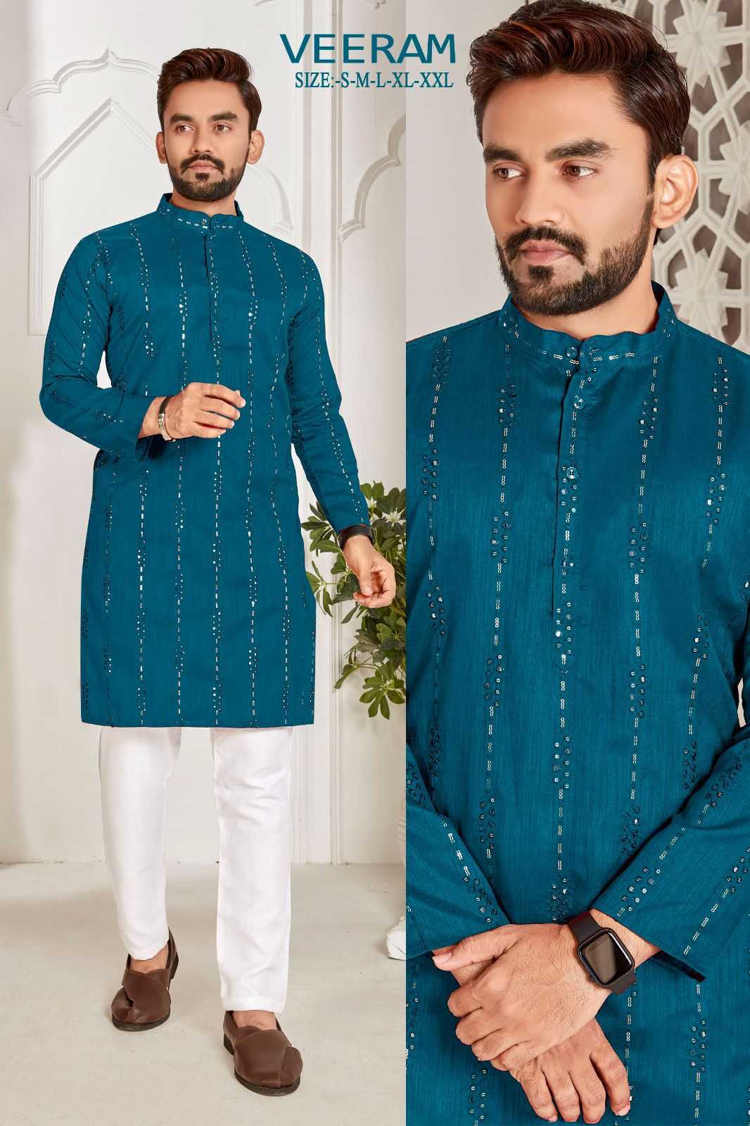 pr veeram readymade mens kurta with full embroidery sequence work festive wear catalog