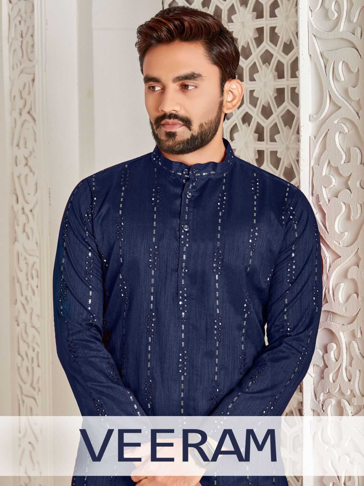 pr veeram readymade mens kurta with full embroidery sequence work festive wear catalog