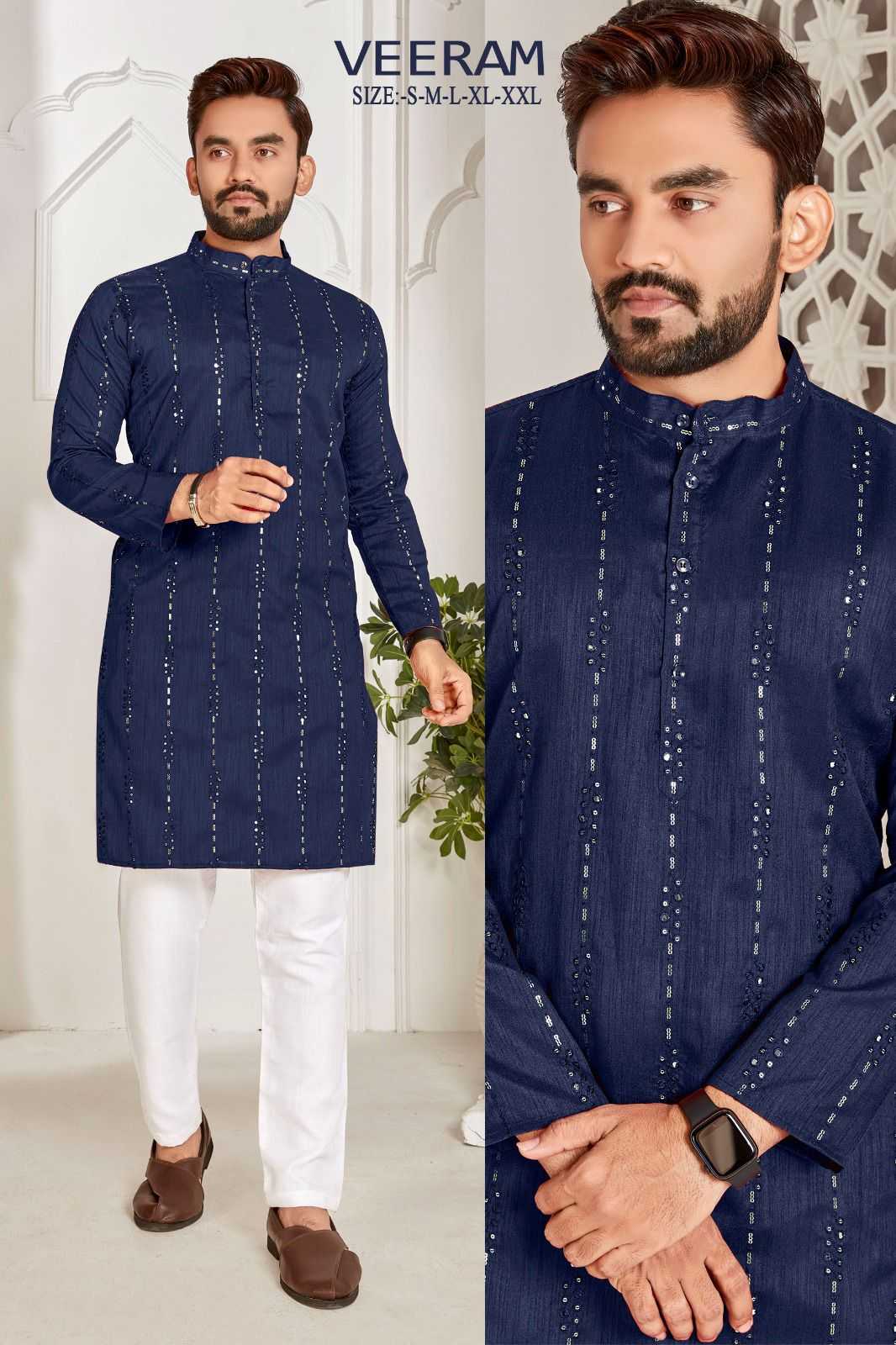 pr veeram readymade mens kurta with full embroidery sequence work festive wear catalog