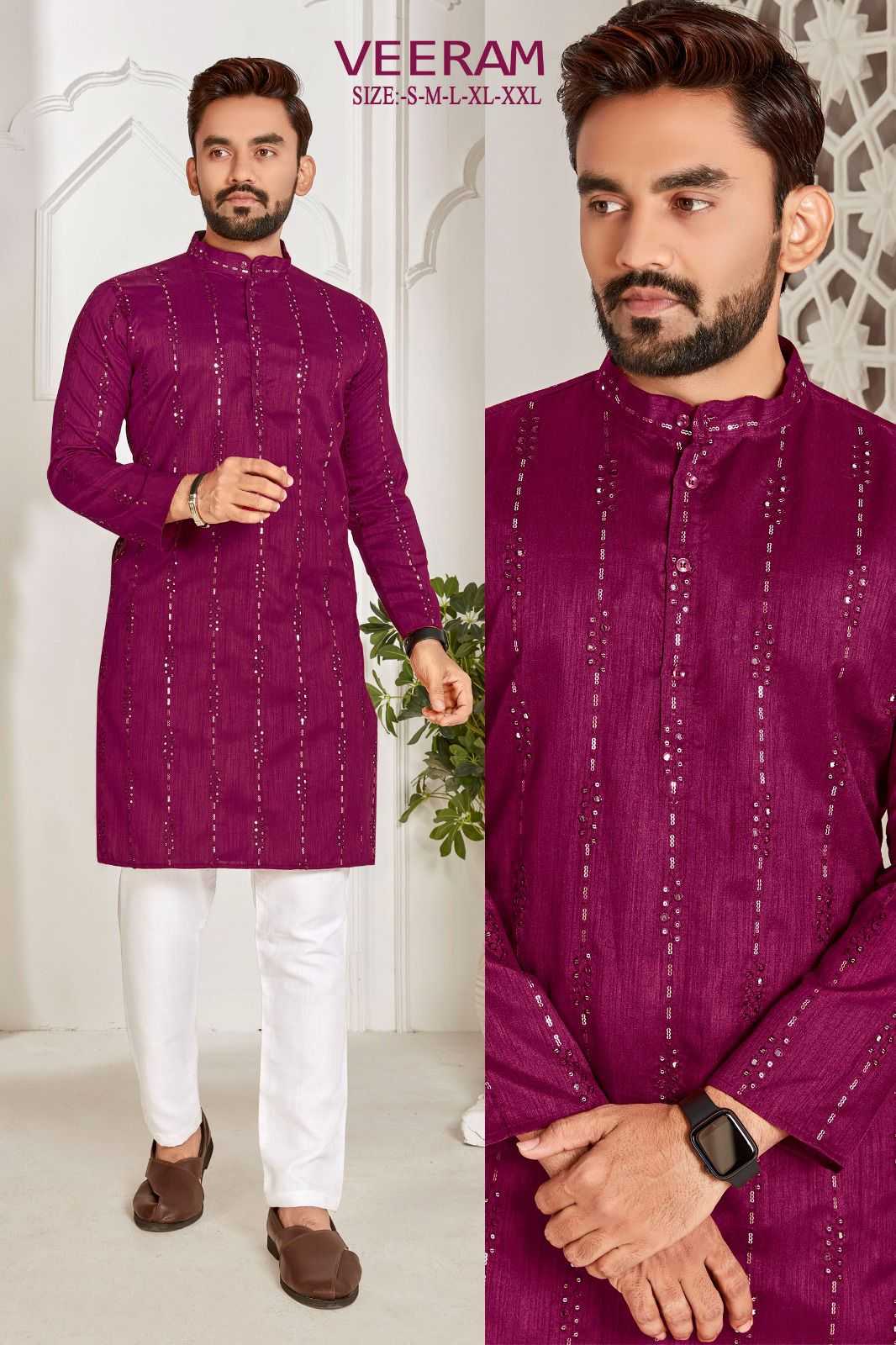 pr veeram readymade mens kurta with full embroidery sequence work festive wear catalog