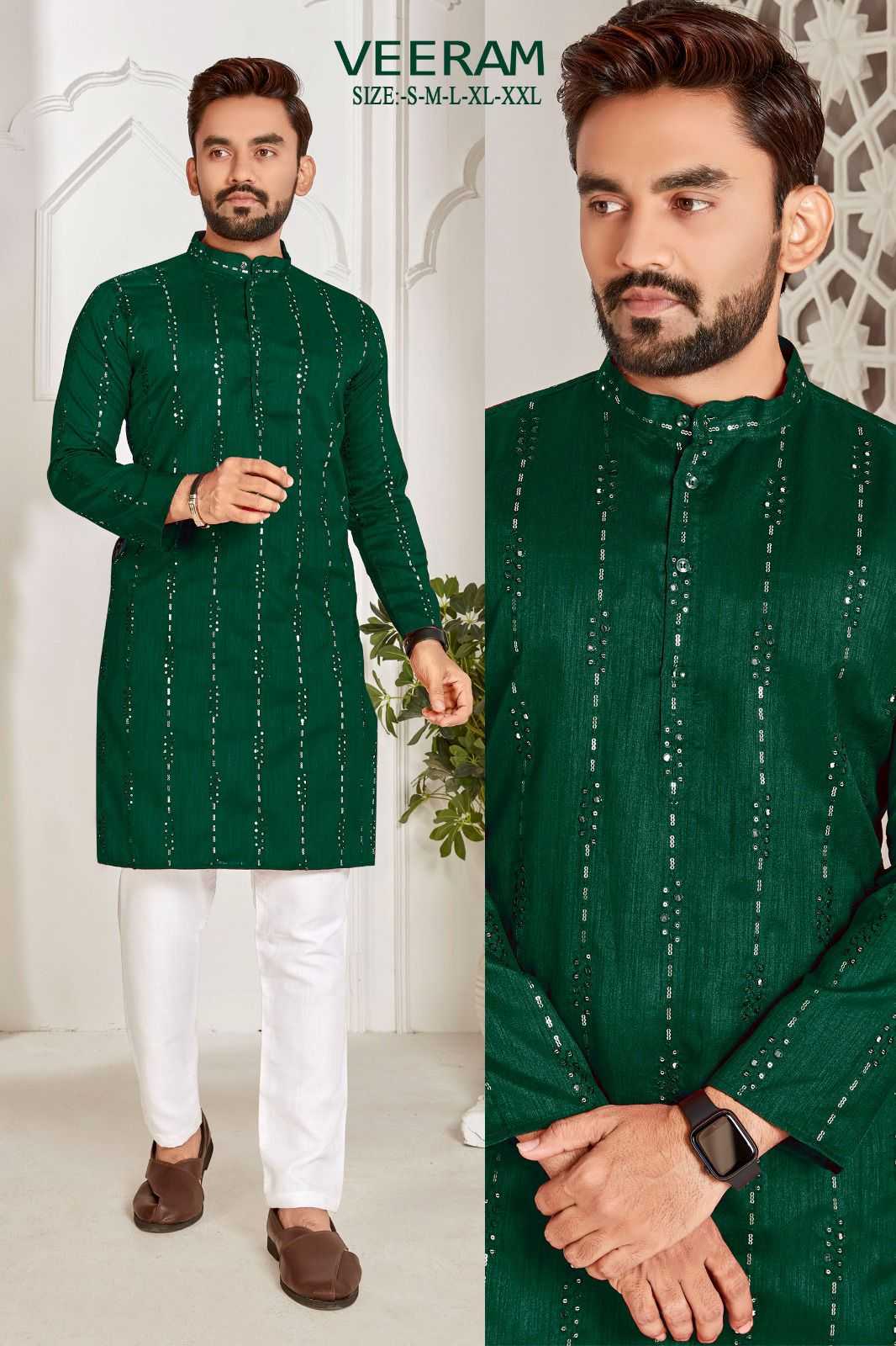 pr veeram readymade mens kurta with full embroidery sequence work festive wear catalog