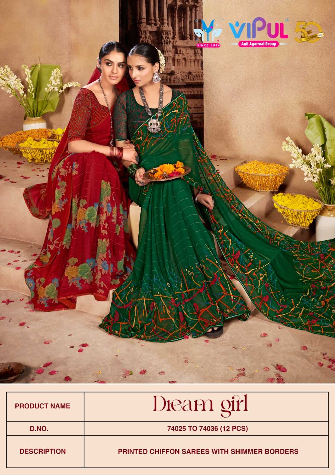 vipul fashion dream girl 74025-74036 adorable fancy chiffon sarees catalog