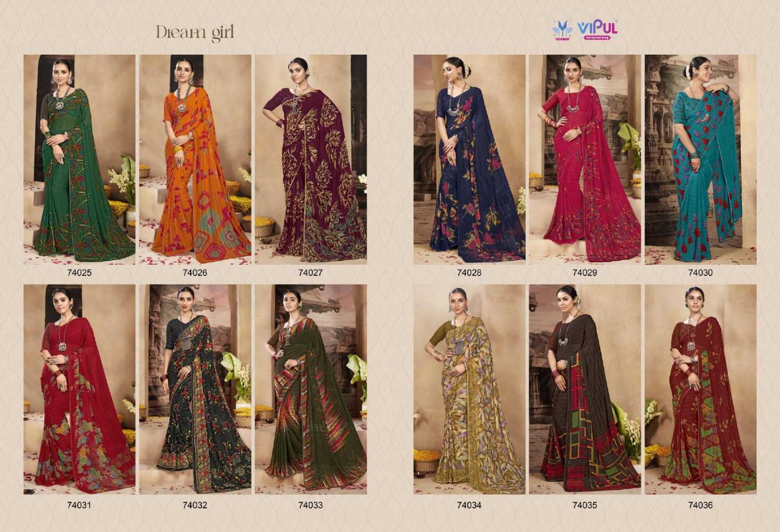 vipul fashion dream girl 74025-74036 adorable fancy chiffon sarees catalog