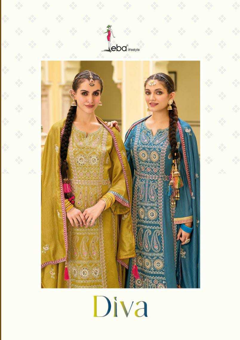 eba lifestyle diva fullstitch designer emboidery work kurti plazo dupatta wedding wear catalog