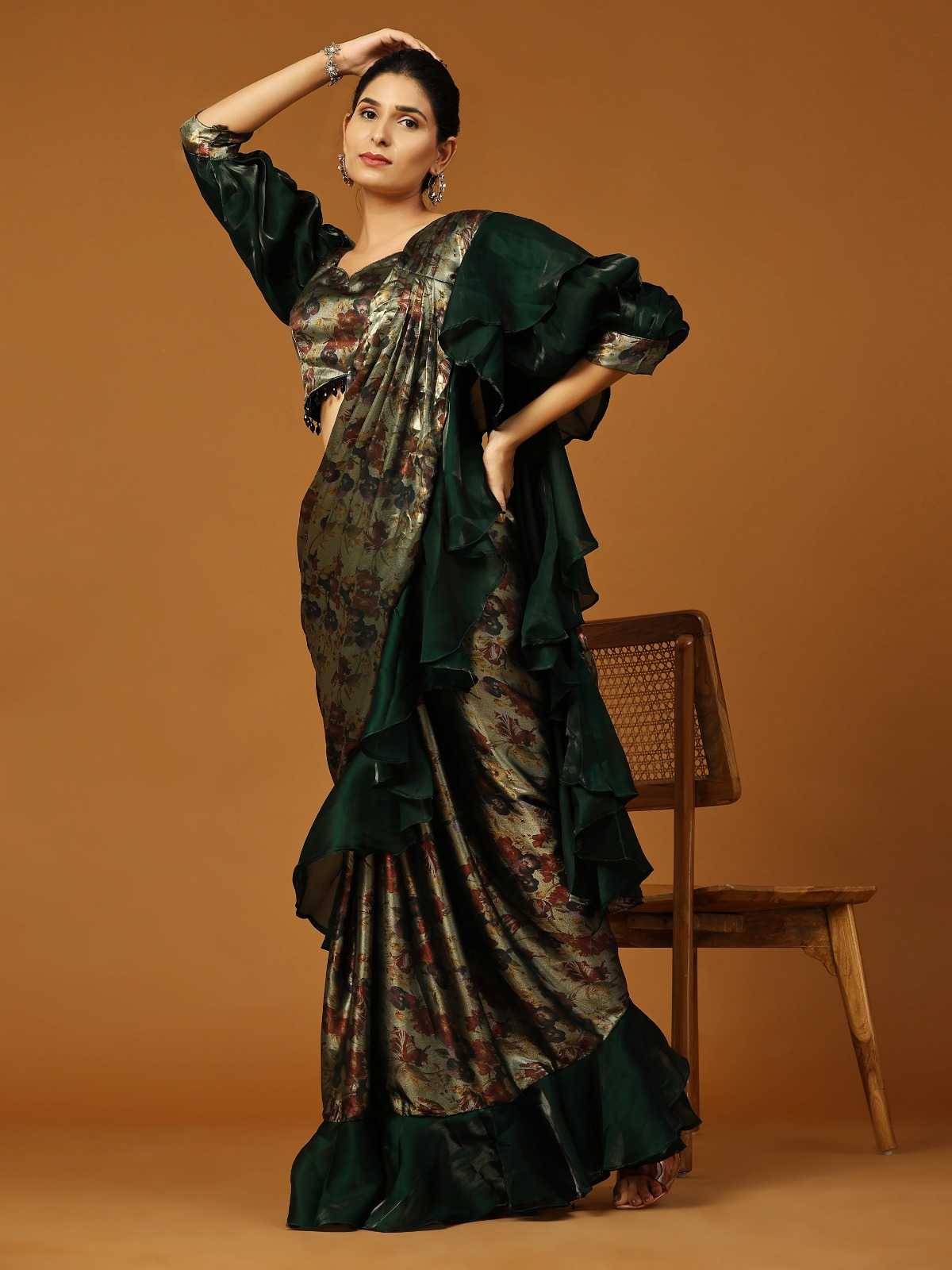 pr 101110 fancy ready to wear floral ruffle border saree with organza printed blouse catalog