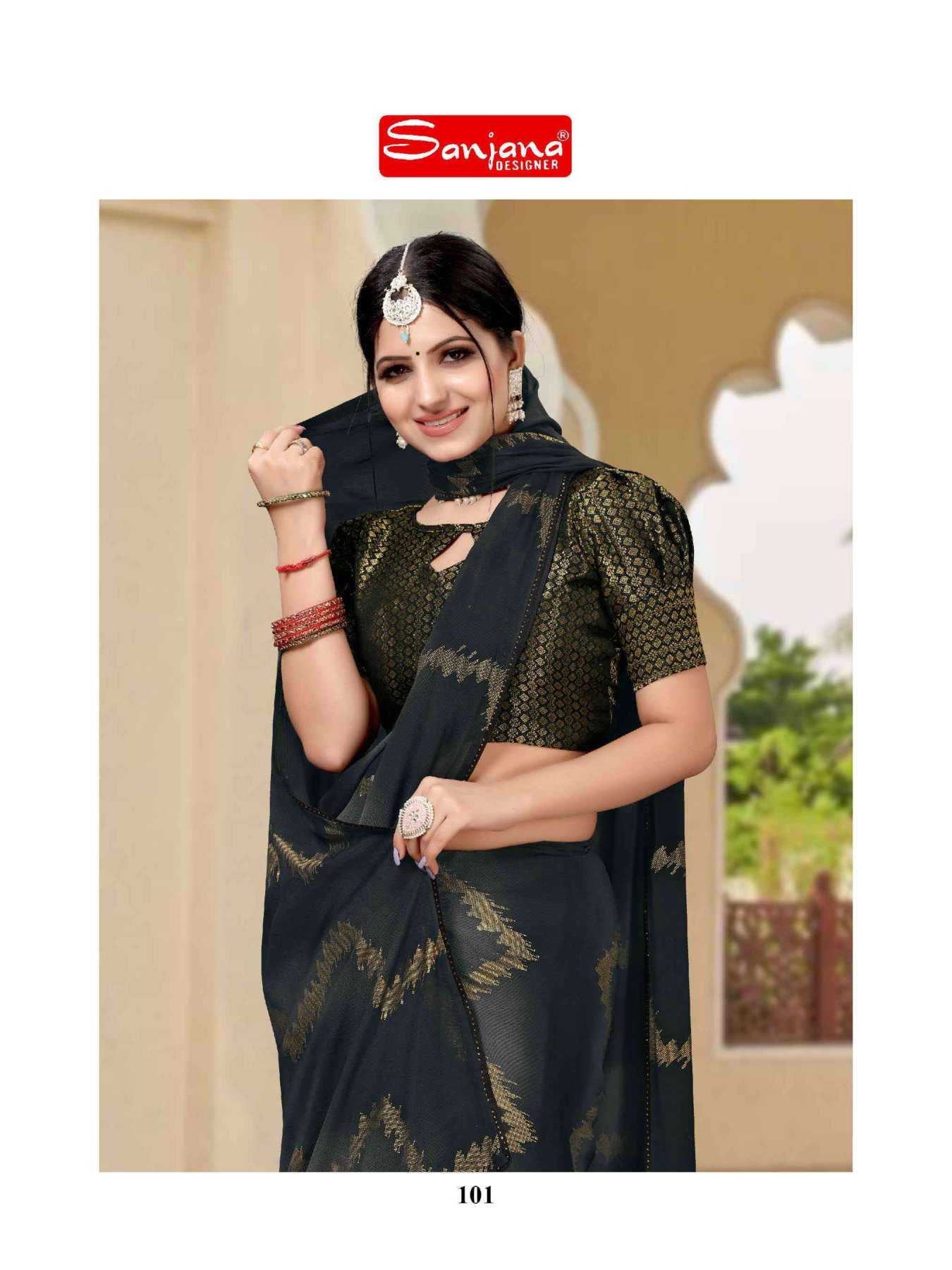 sanjana designer saheli fancy foil print swaroski border sarees catalog