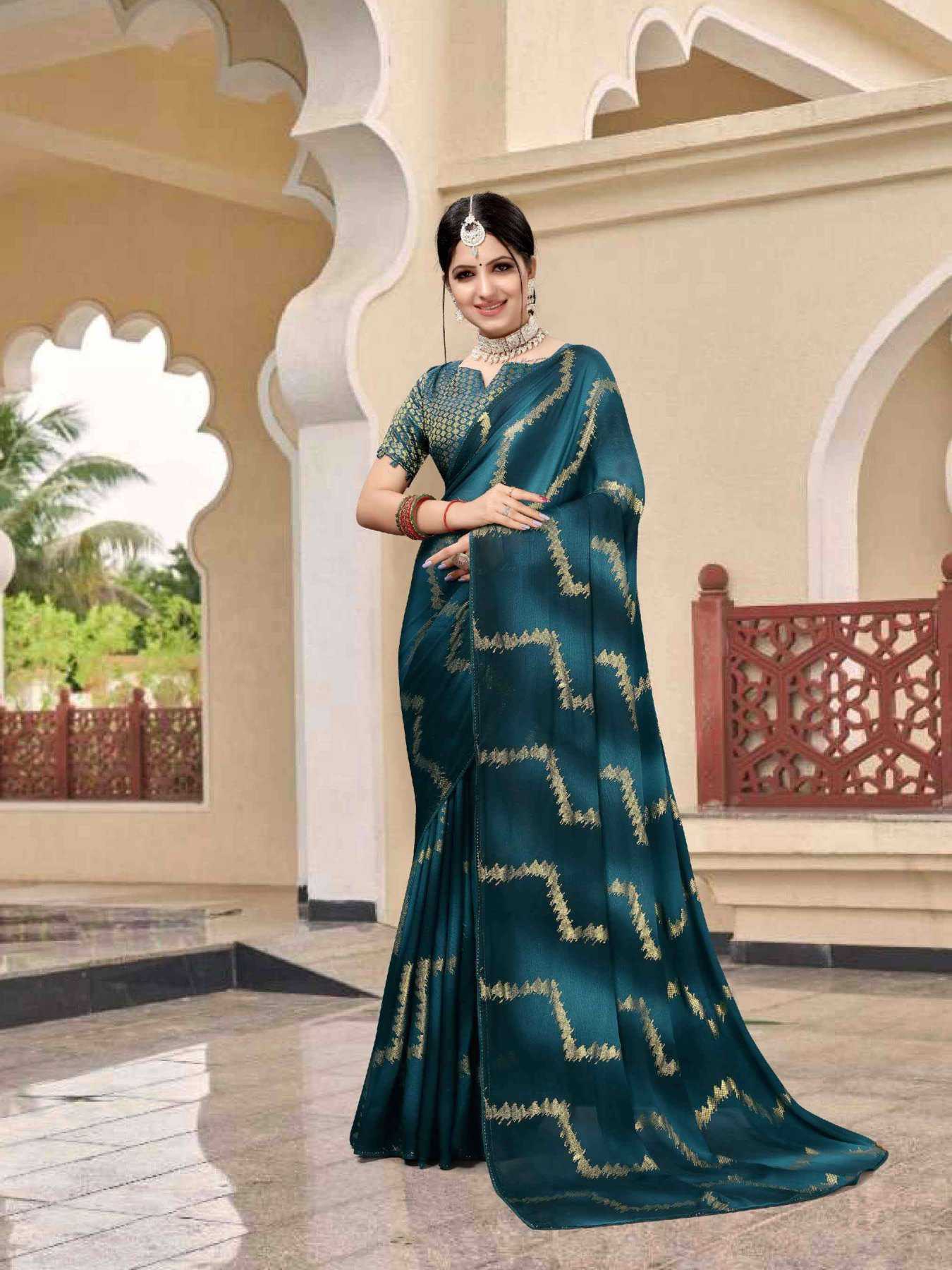 sanjana designer saheli fancy foil print swaroski border sarees catalog