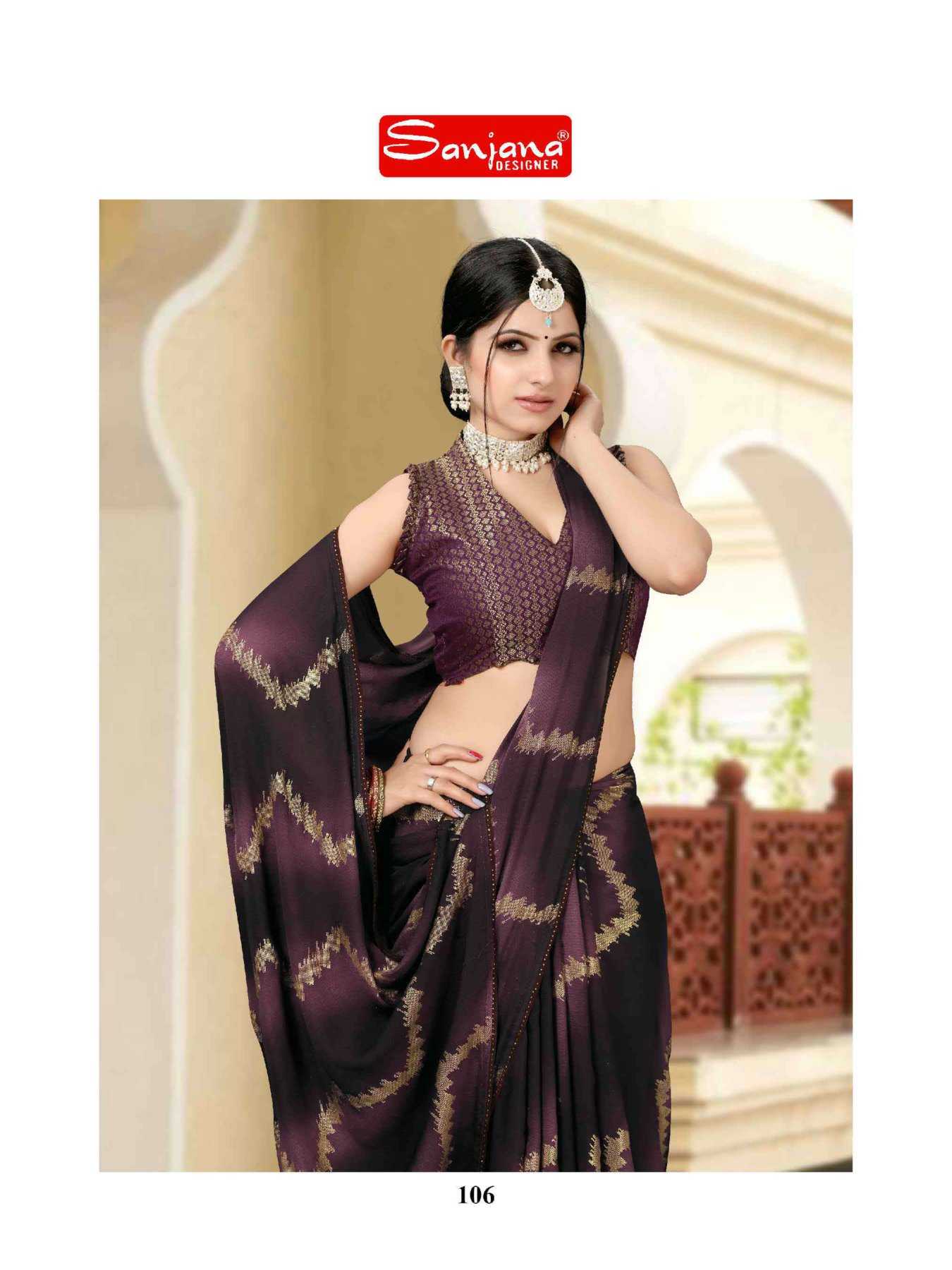 sanjana designer saheli fancy foil print swaroski border sarees catalog