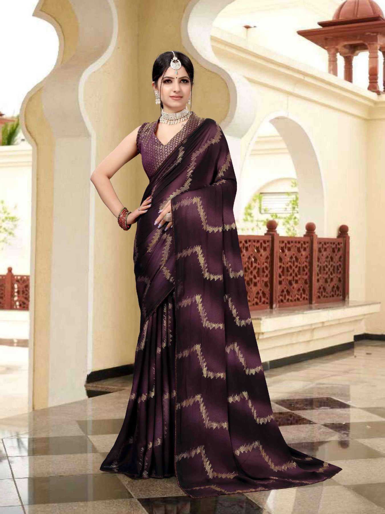 sanjana designer saheli fancy foil print swaroski border sarees catalog