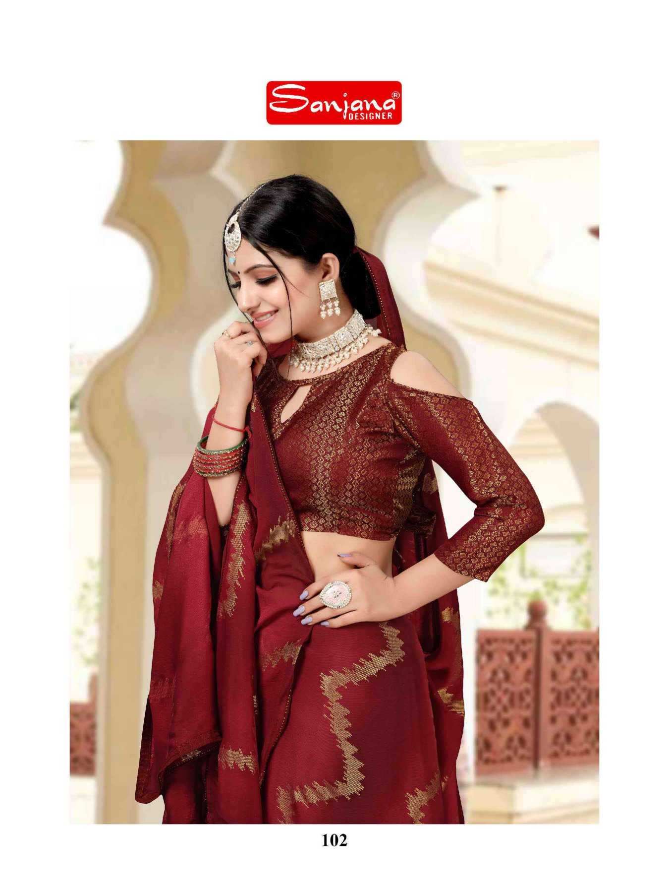 sanjana designer saheli fancy foil print swaroski border sarees catalog