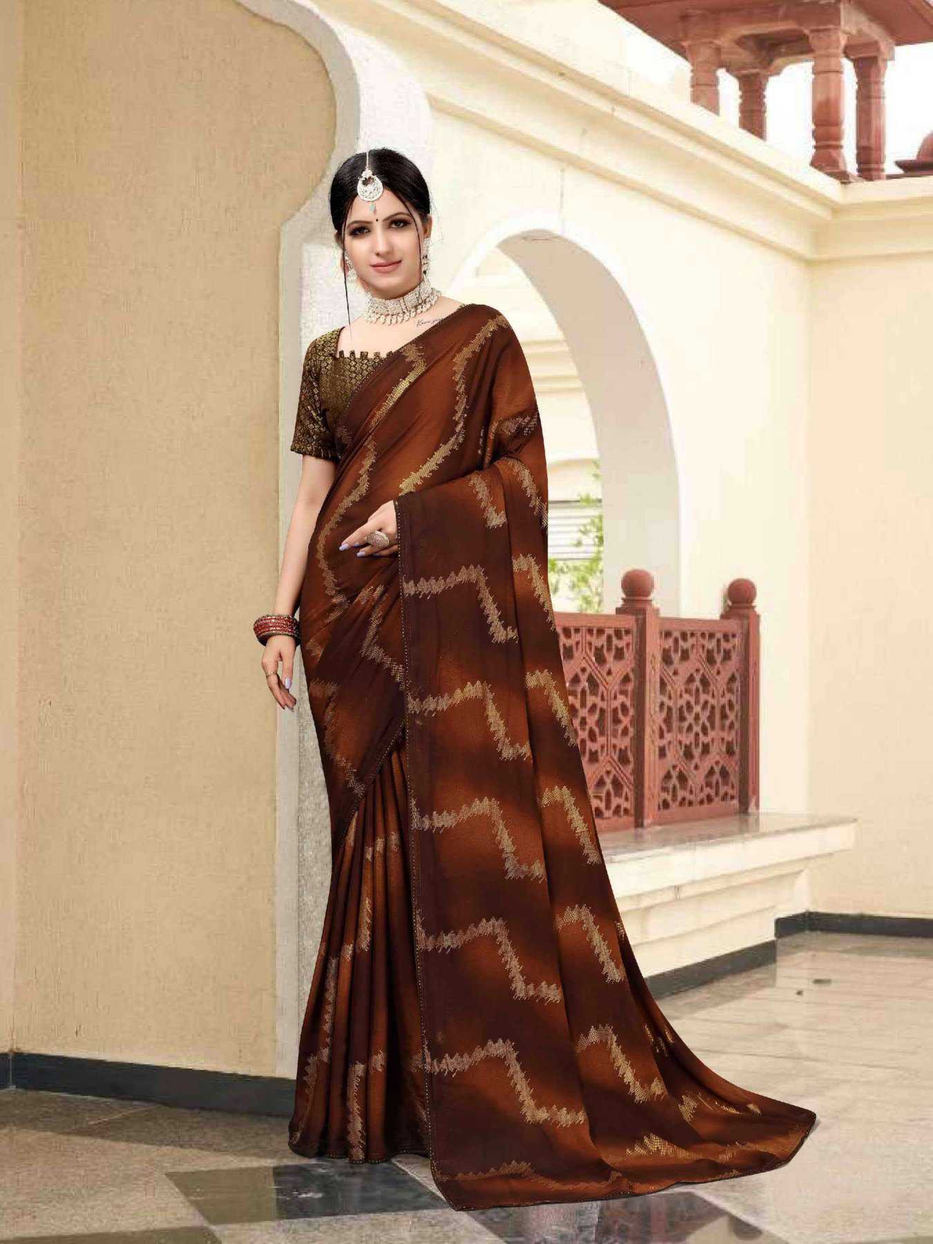 sanjana designer saheli fancy foil print swaroski border sarees catalog