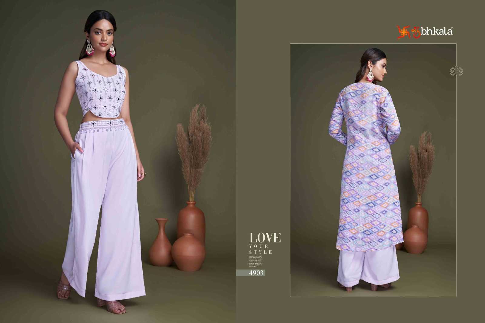 shubhkala flory vol 34 readymade western wear plazo crop top with shrug cord set