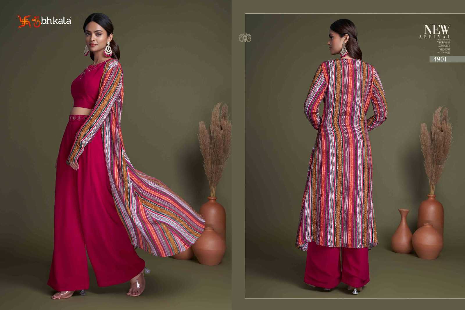 shubhkala flory vol 34 readymade western wear plazo crop top with shrug cord set