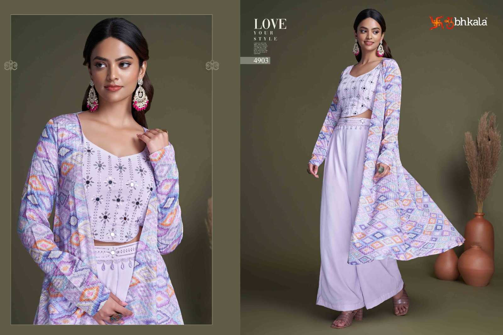 shubhkala flory vol 34 readymade western wear plazo crop top with shrug cord set