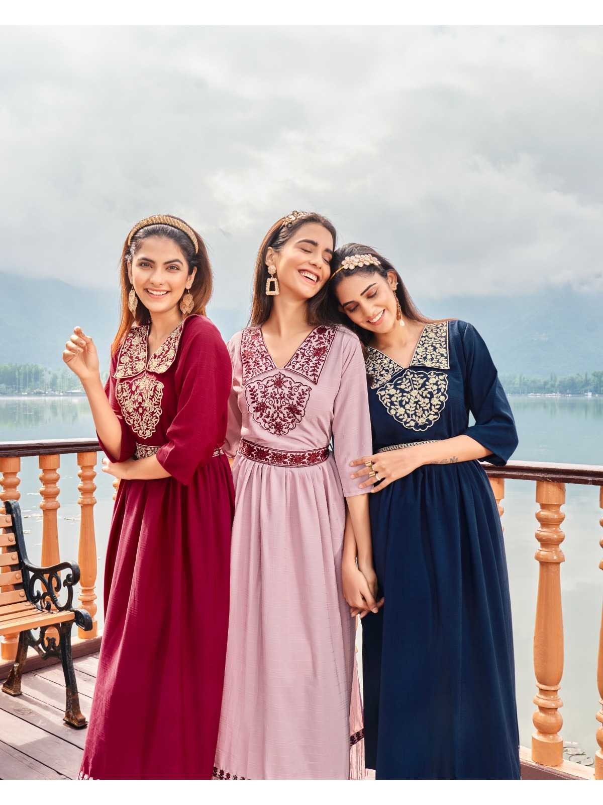 wanna you charmy fancy work rayon kurti gown with belt catalog