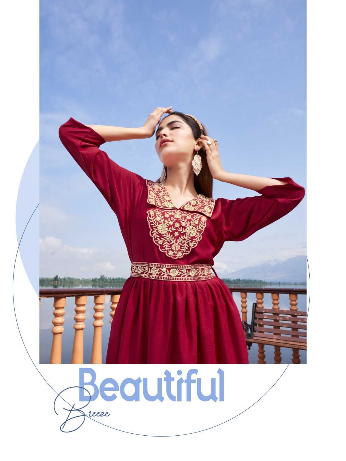 wanna you charmy fancy work rayon kurti gown with belt catalog