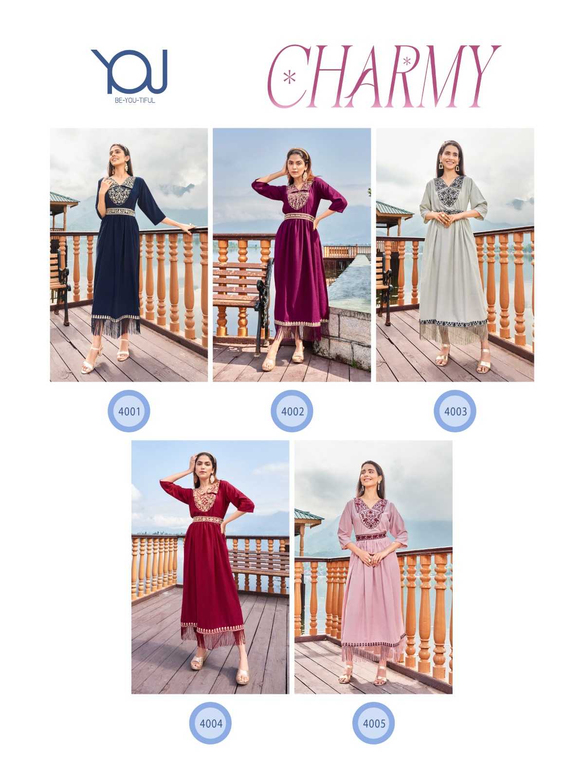 wanna you charmy fancy work rayon kurti gown with belt catalog