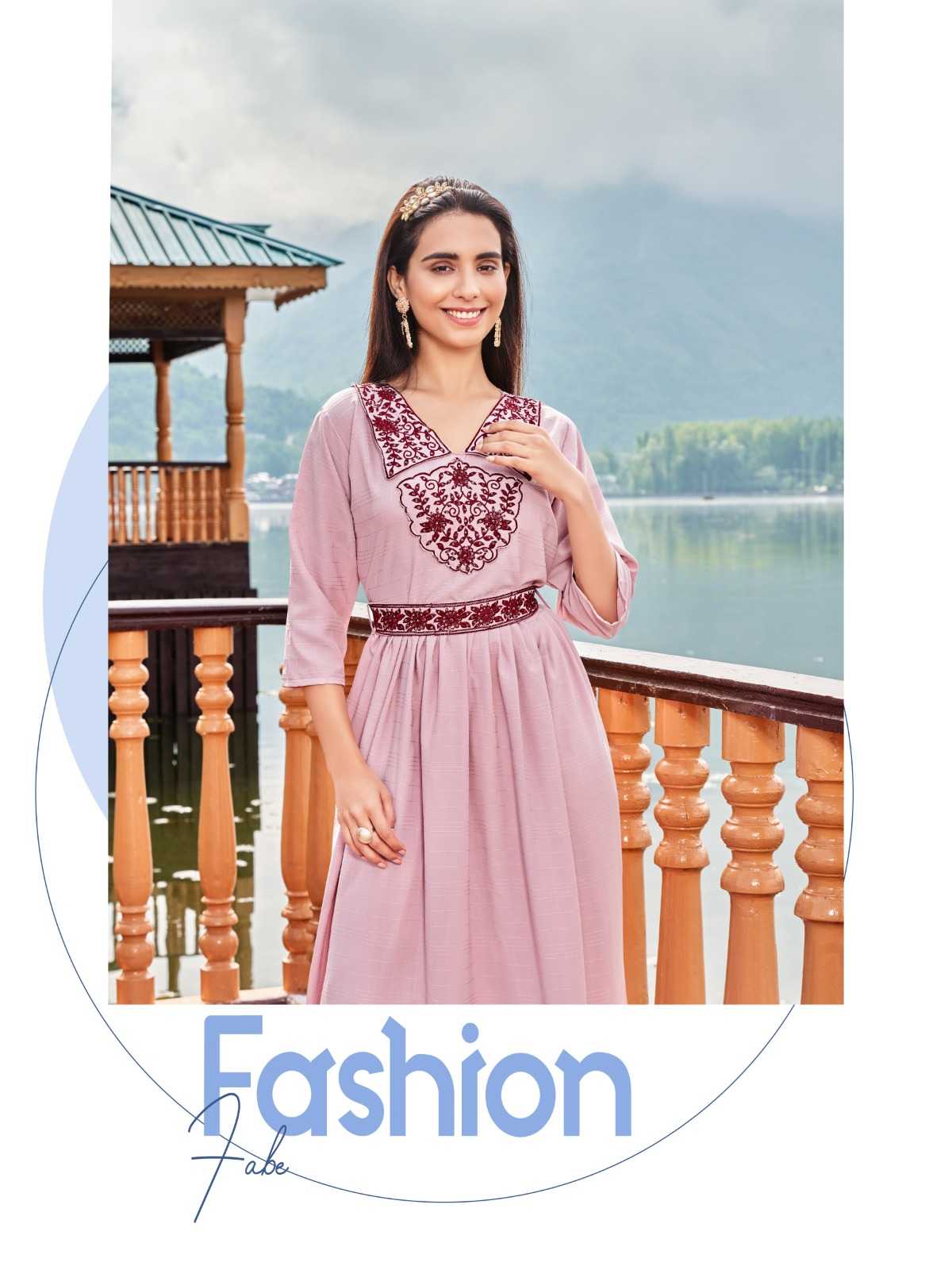 wanna you charmy fancy work rayon kurti gown with belt catalog