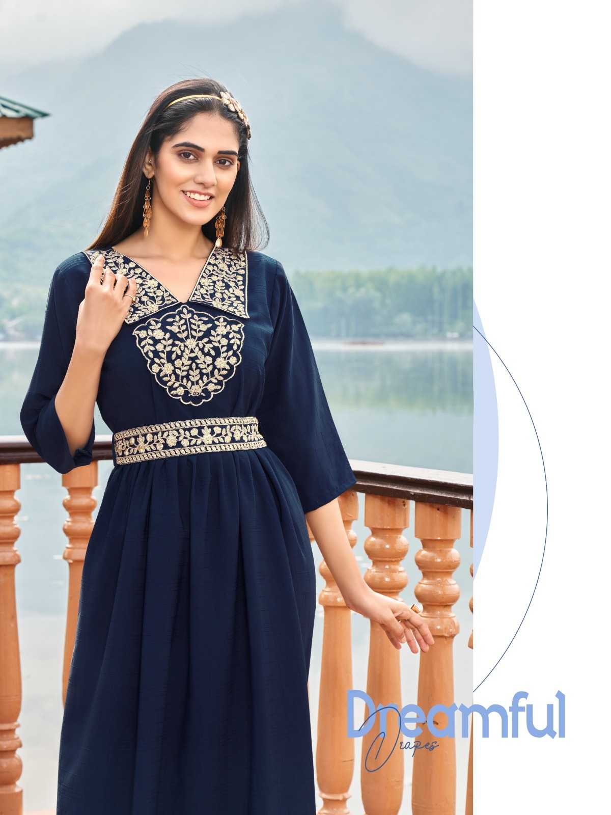 wanna you charmy fancy work rayon kurti gown with belt catalog