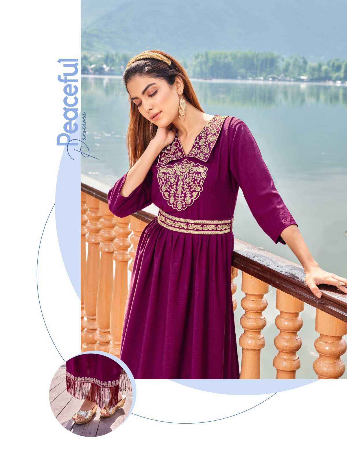 wanna you charmy fancy work rayon kurti gown with belt catalog