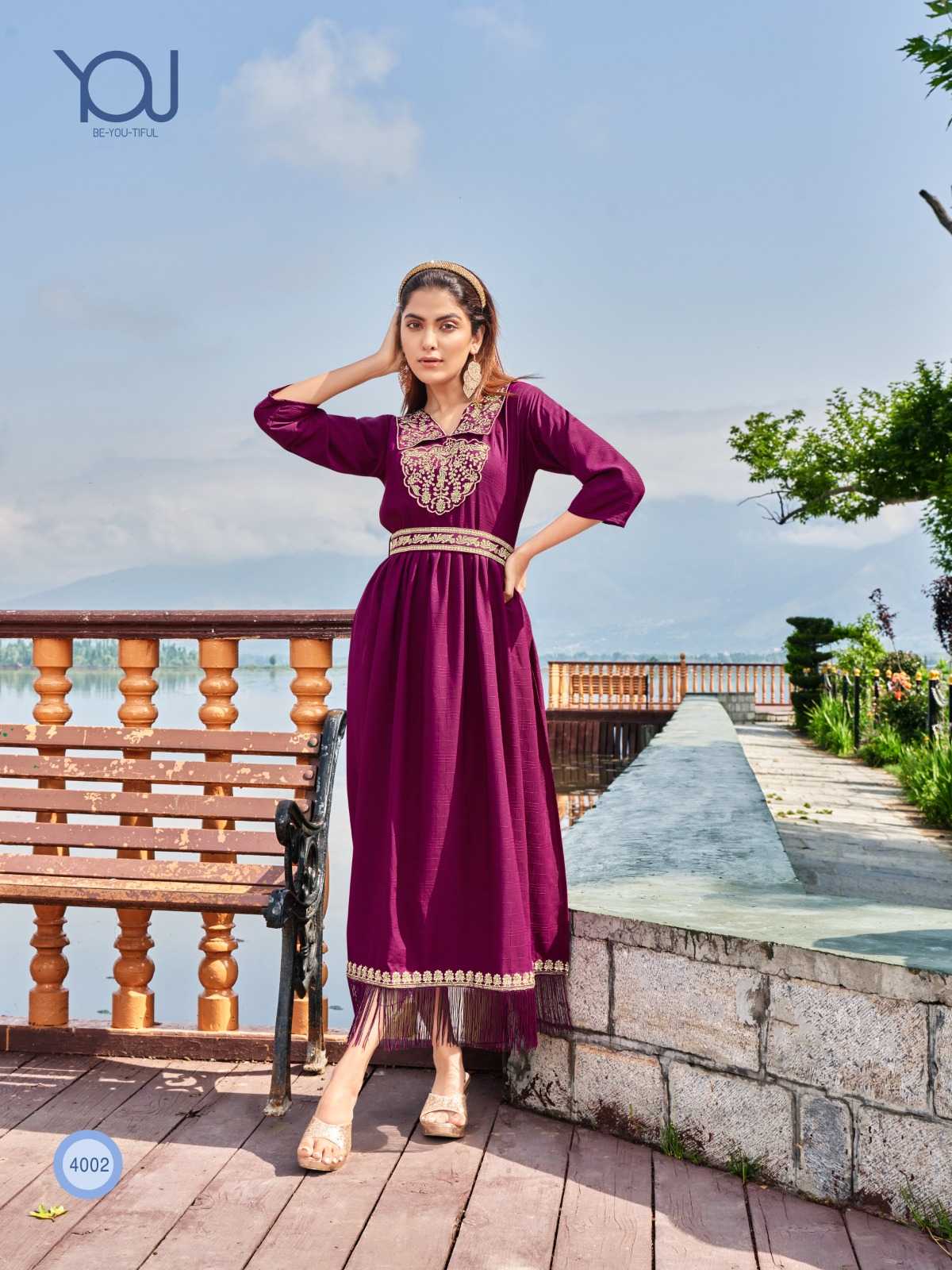 wanna you charmy fancy work rayon kurti gown with belt catalog