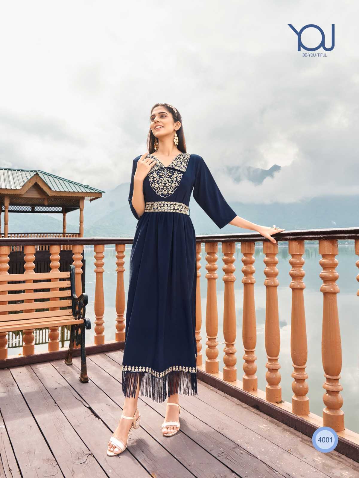 wanna you charmy fancy work rayon kurti gown with belt catalog