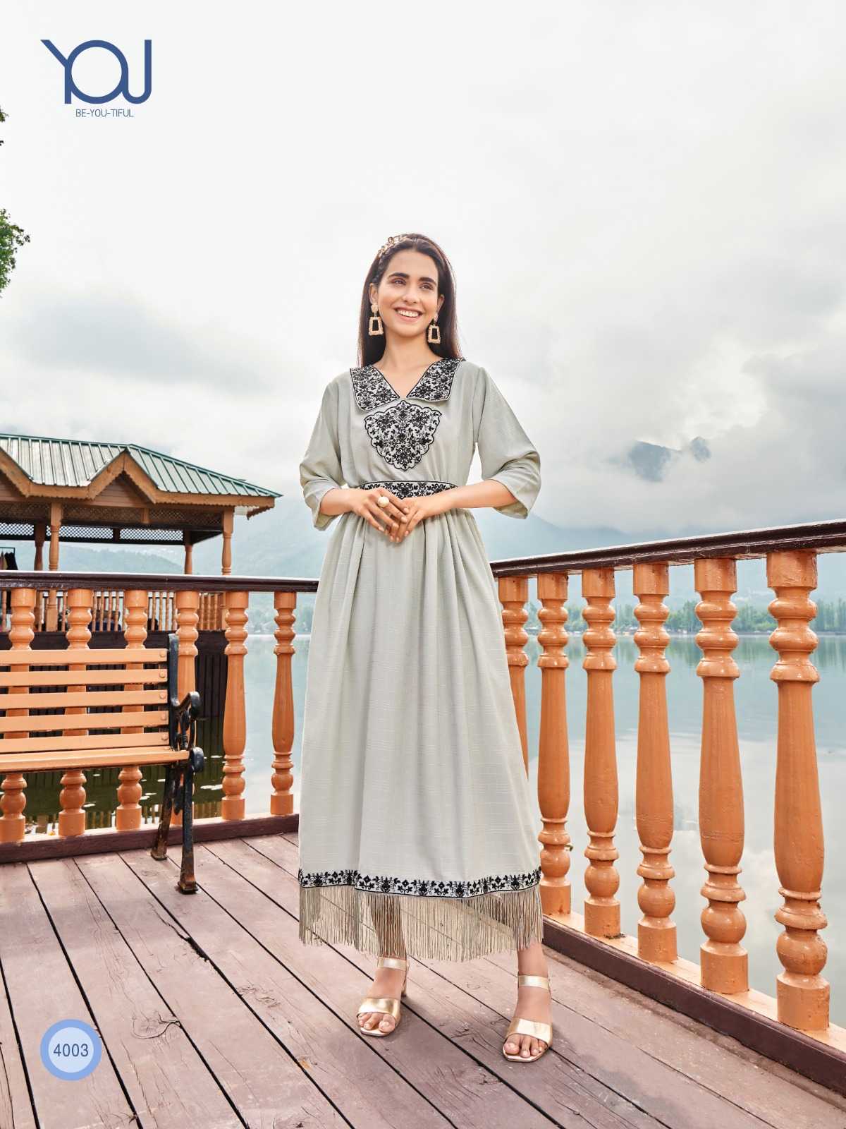 wanna you charmy fancy work rayon kurti gown with belt catalog