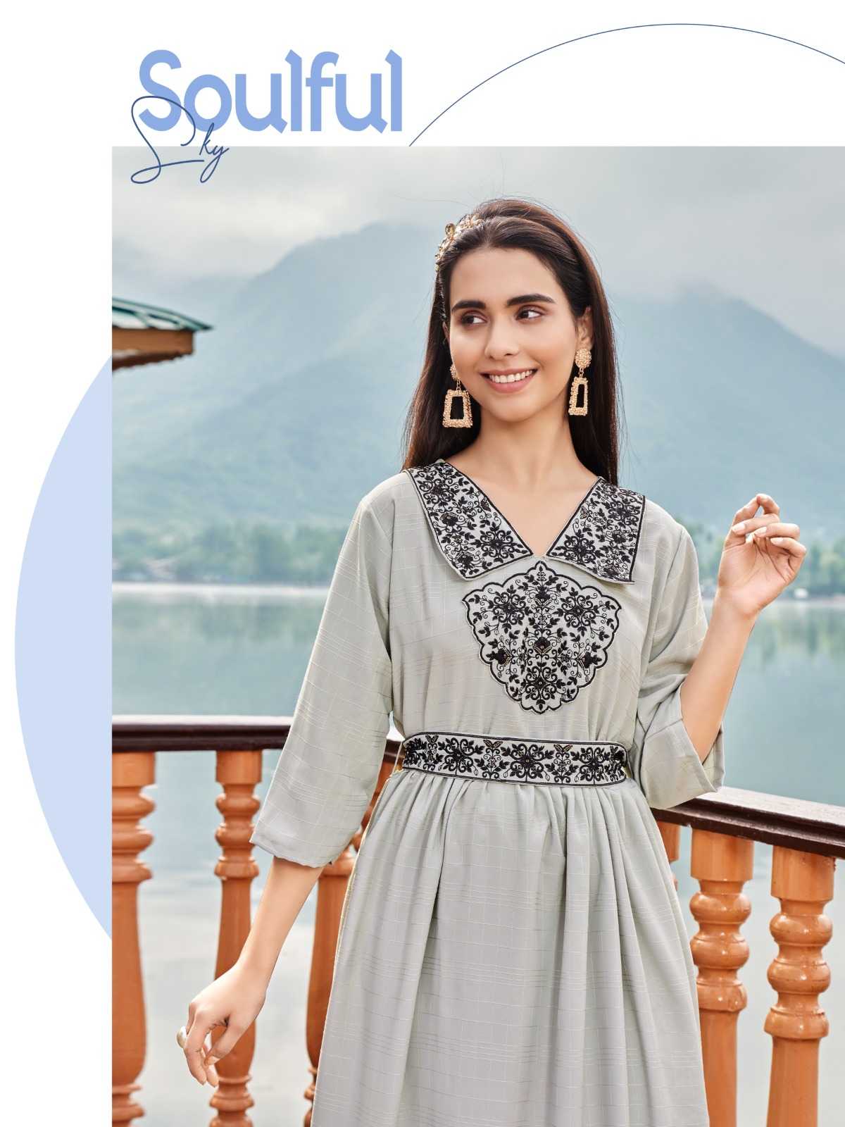 wanna you charmy fancy work rayon kurti gown with belt catalog