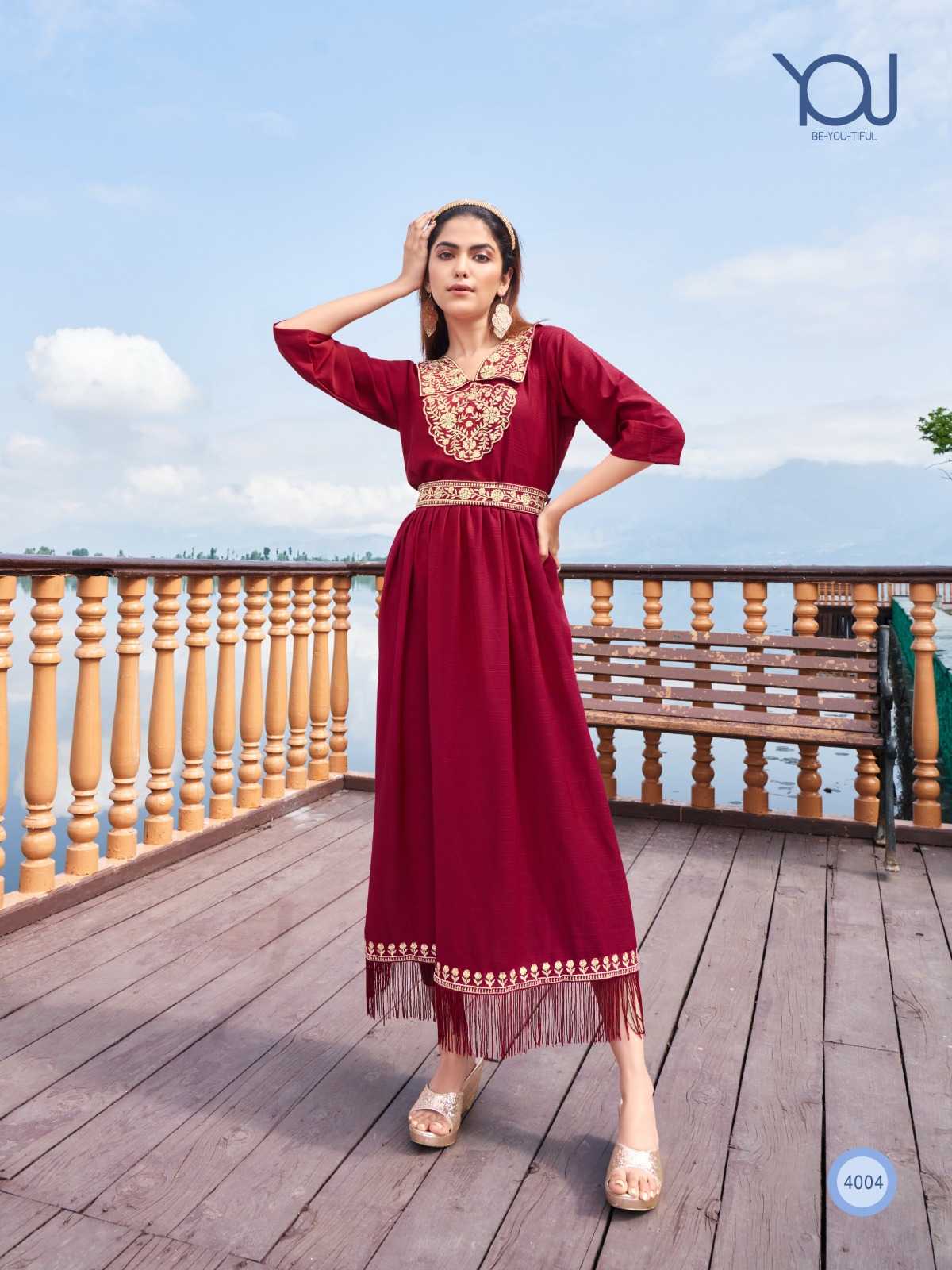 wanna you charmy fancy work rayon kurti gown with belt catalog