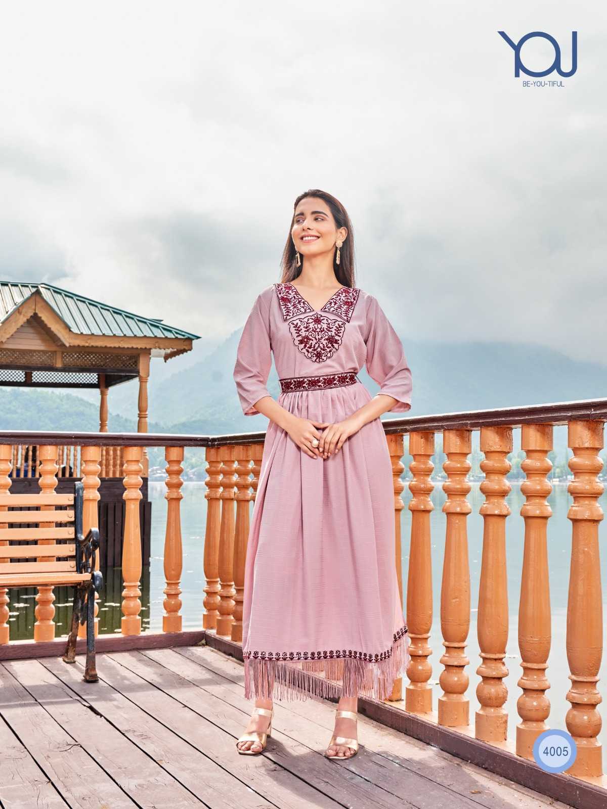 wanna you charmy fancy work rayon kurti gown with belt catalog