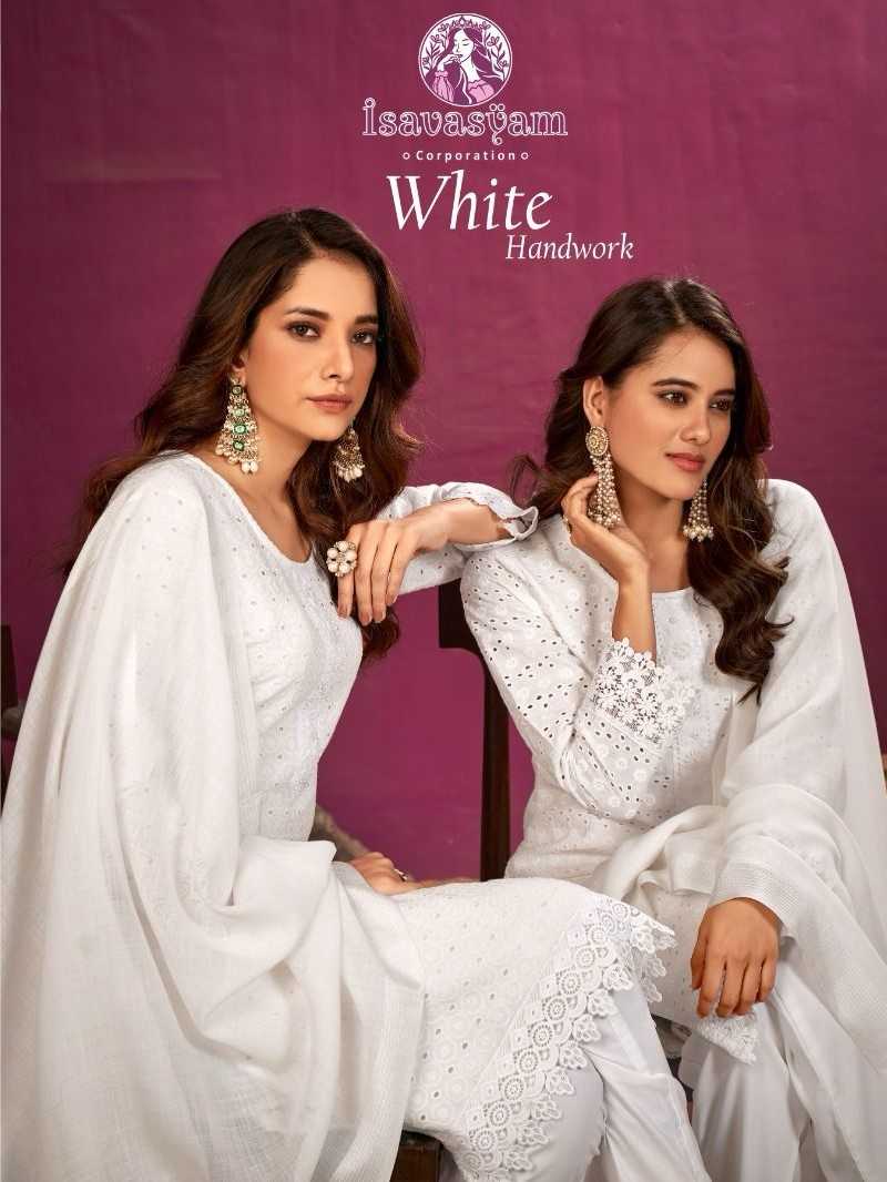 isavasyam white handwork fullstitch cotton chikan work fancy suit in plus size