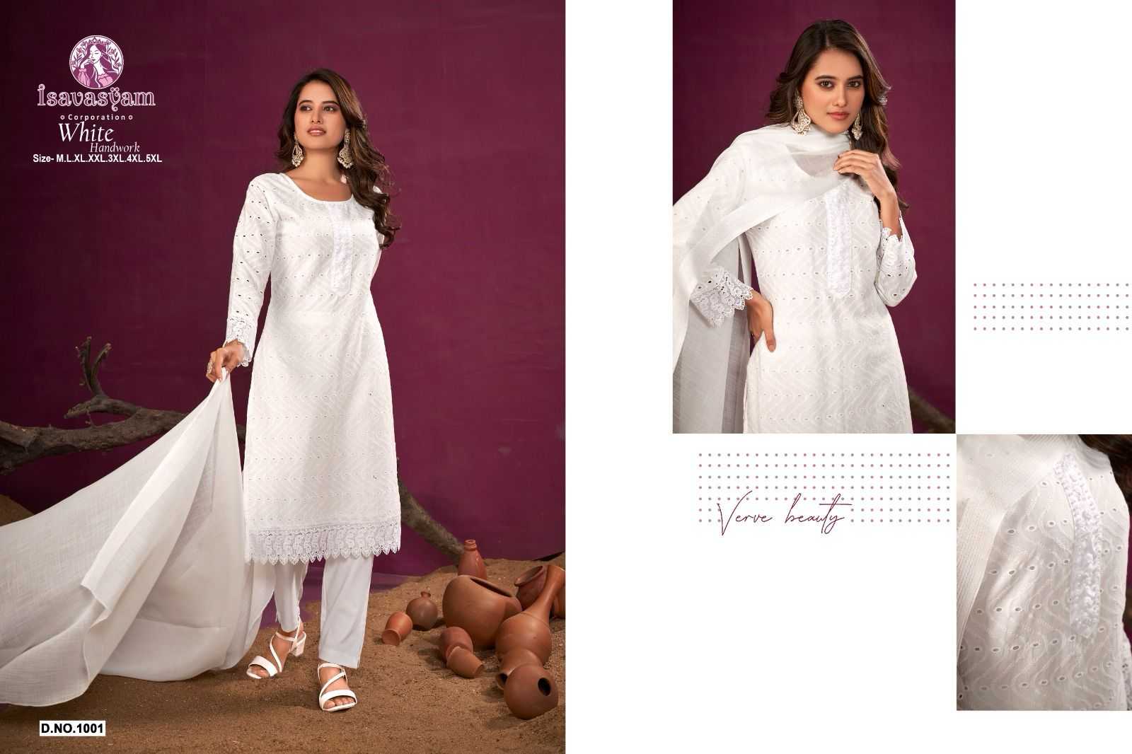 isavasyam white handwork fullstitch cotton chikan work fancy suit in plus size
