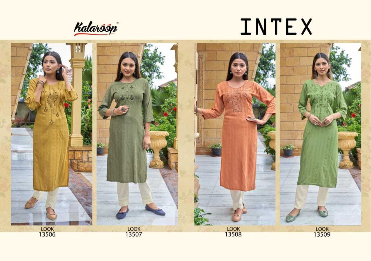 kalaroop kajree intex stitched embroidery work kurti catalog