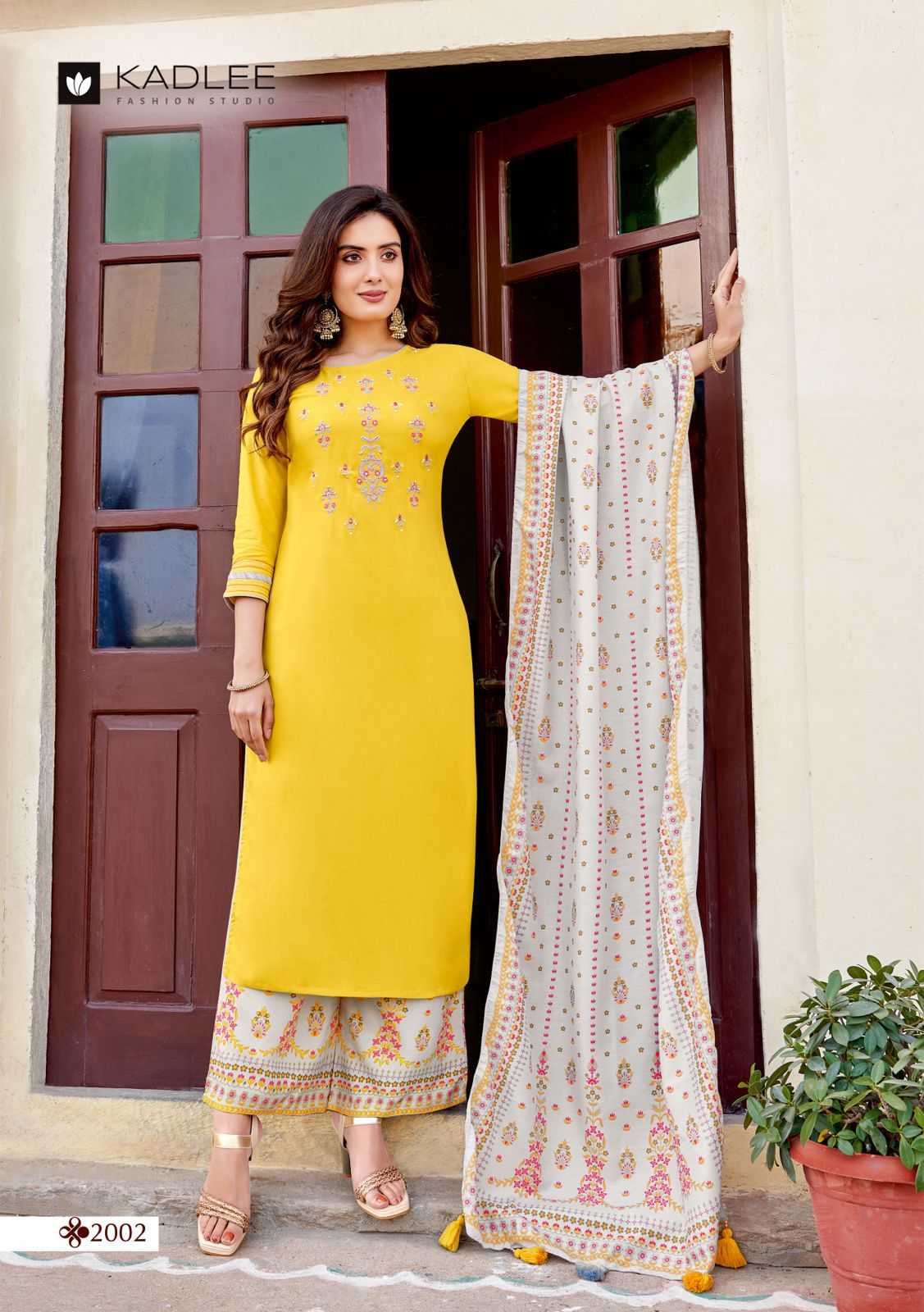 kadlee present savera fancy handwork fullstitch kurti with plazoo and muslin digital dupatta catalog