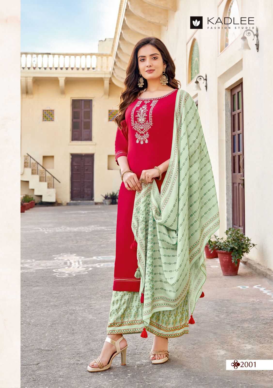 kadlee present savera fancy handwork fullstitch kurti with plazoo and muslin digital dupatta catalog