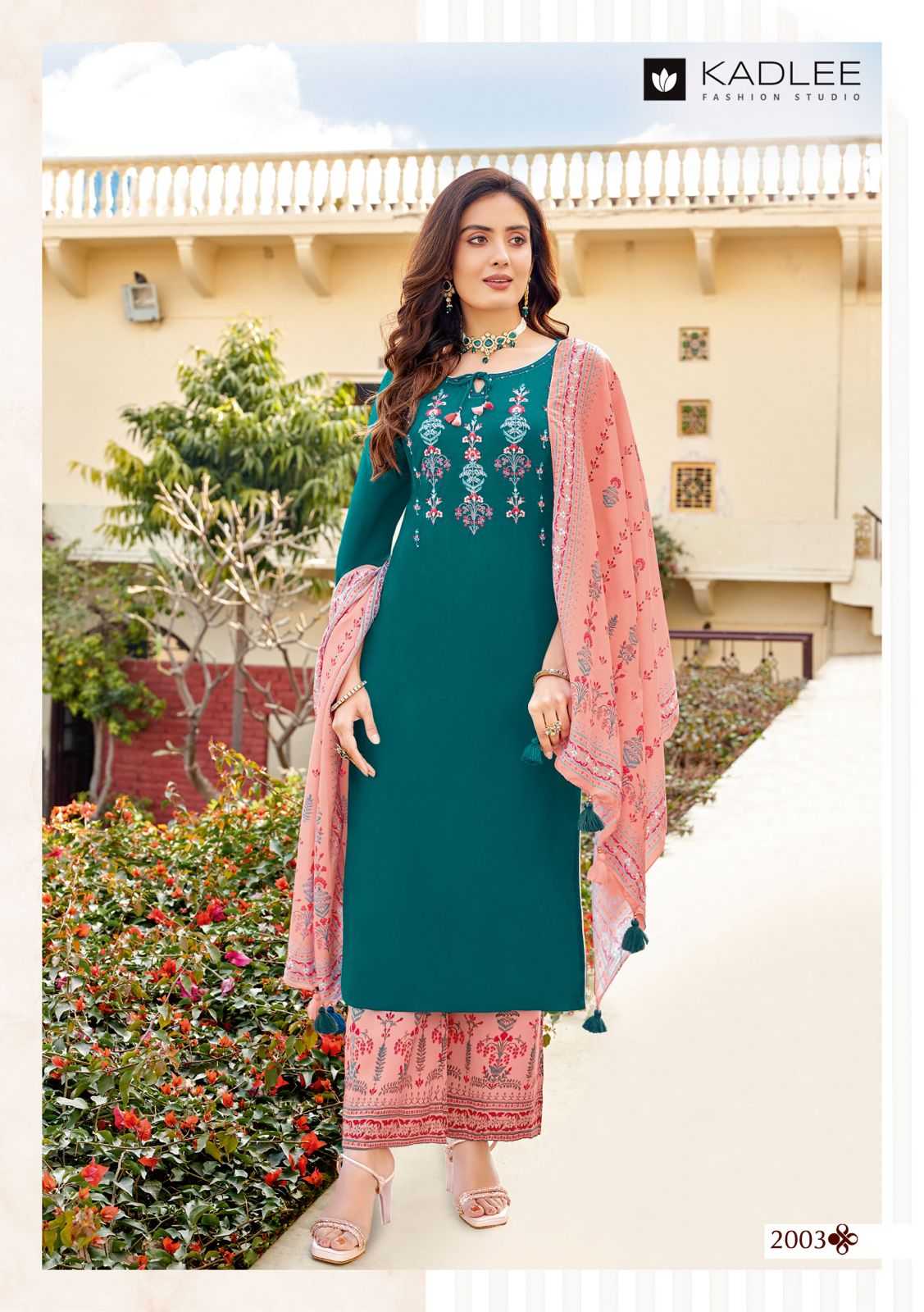 kadlee present savera fancy handwork fullstitch kurti with plazoo and muslin digital dupatta catalog