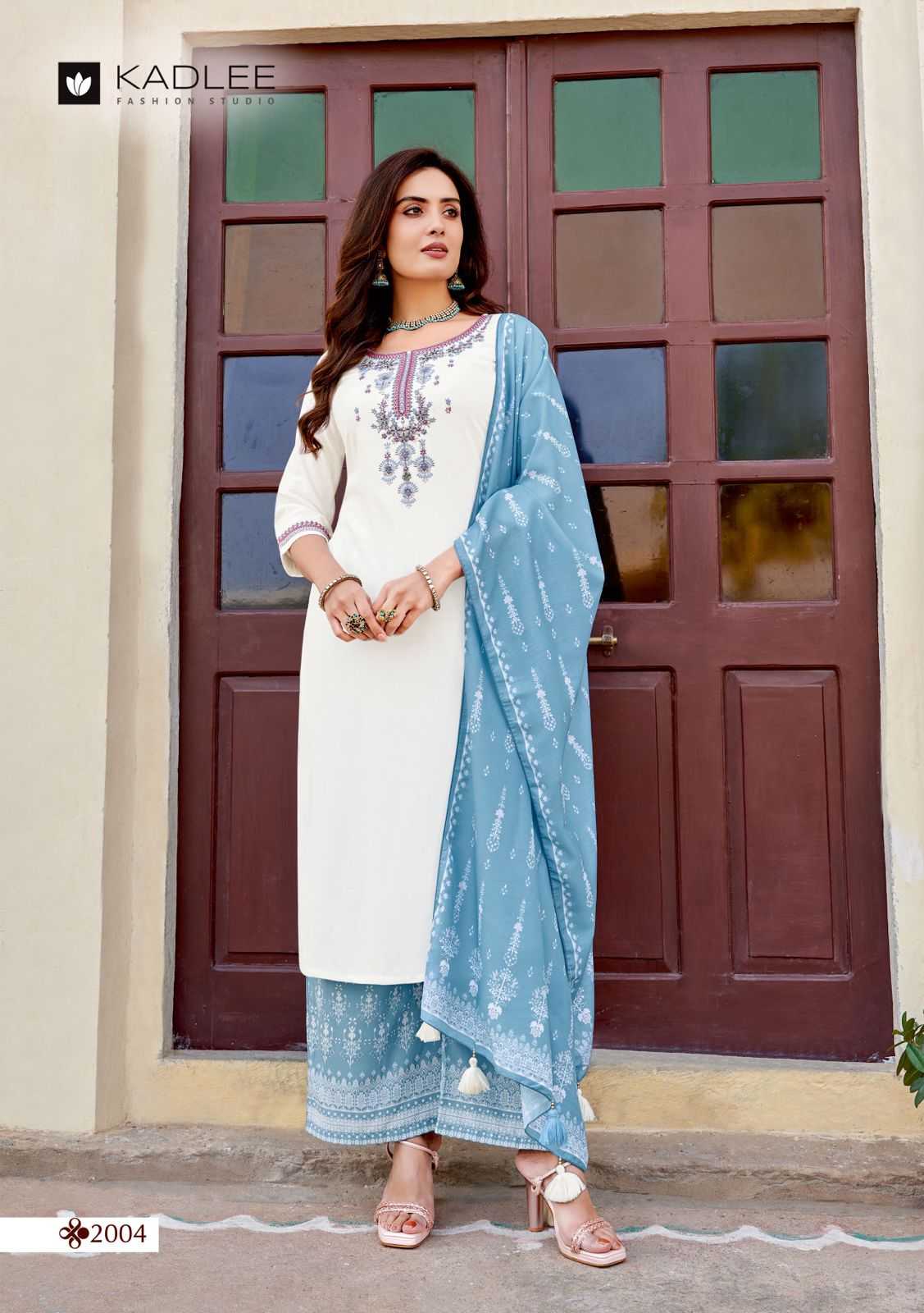 kadlee present savera fancy handwork fullstitch kurti with plazoo and muslin digital dupatta catalog