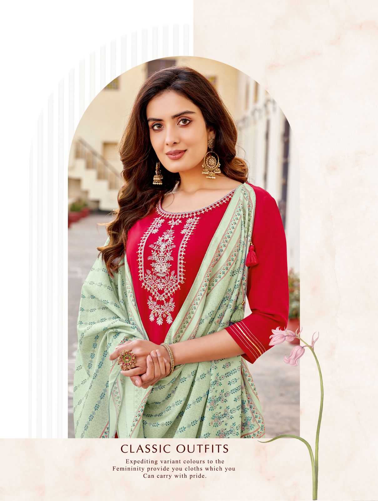 kadlee present savera fancy handwork fullstitch kurti with plazoo and muslin digital dupatta catalog