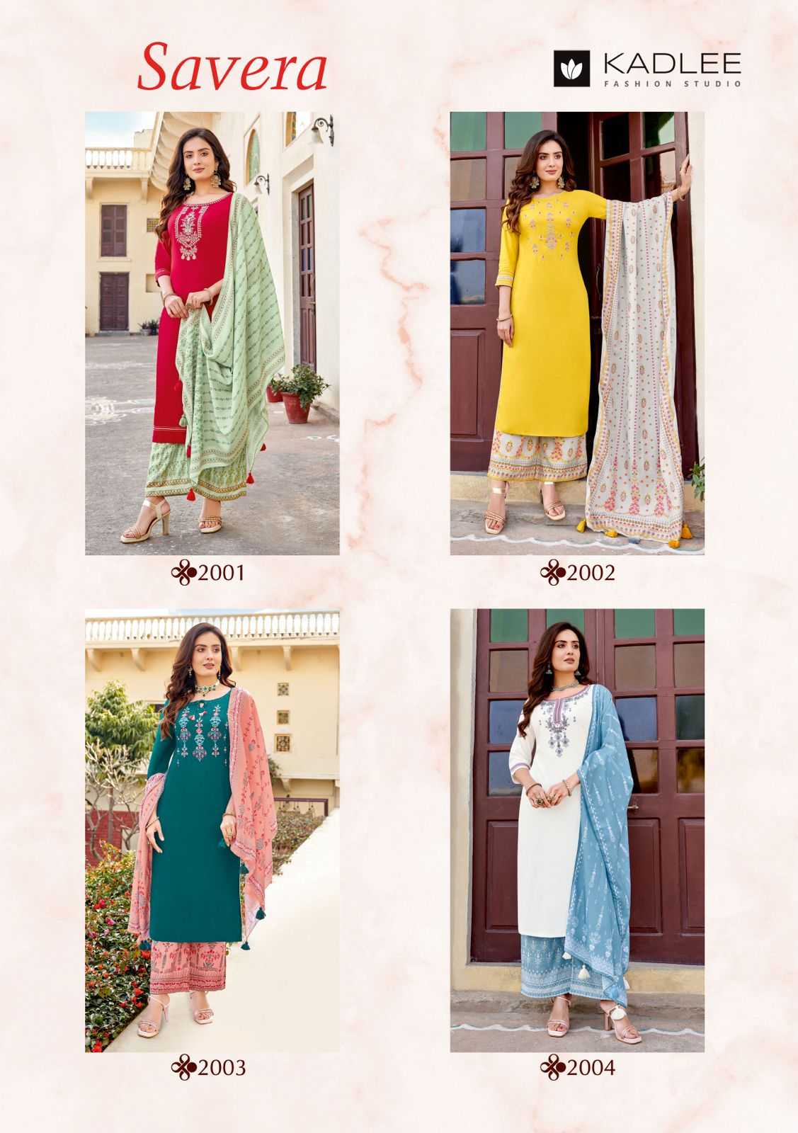 kadlee present savera fancy handwork fullstitch kurti with plazoo and muslin digital dupatta catalog