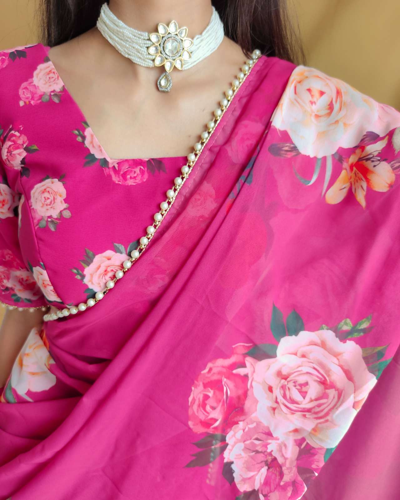 pr ynf7007 classy look georgette printed sarees with pearl lace catalog