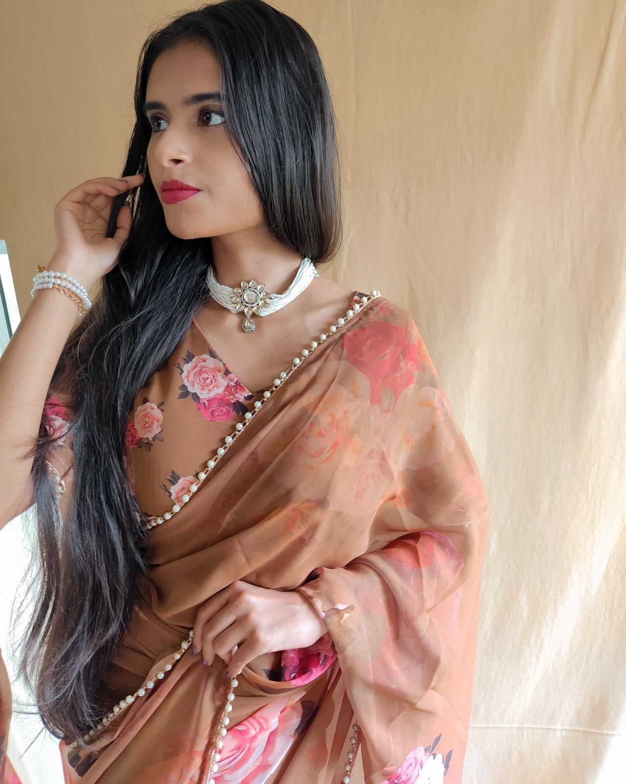 pr ynf7007 classy look georgette printed sarees with pearl lace catalog