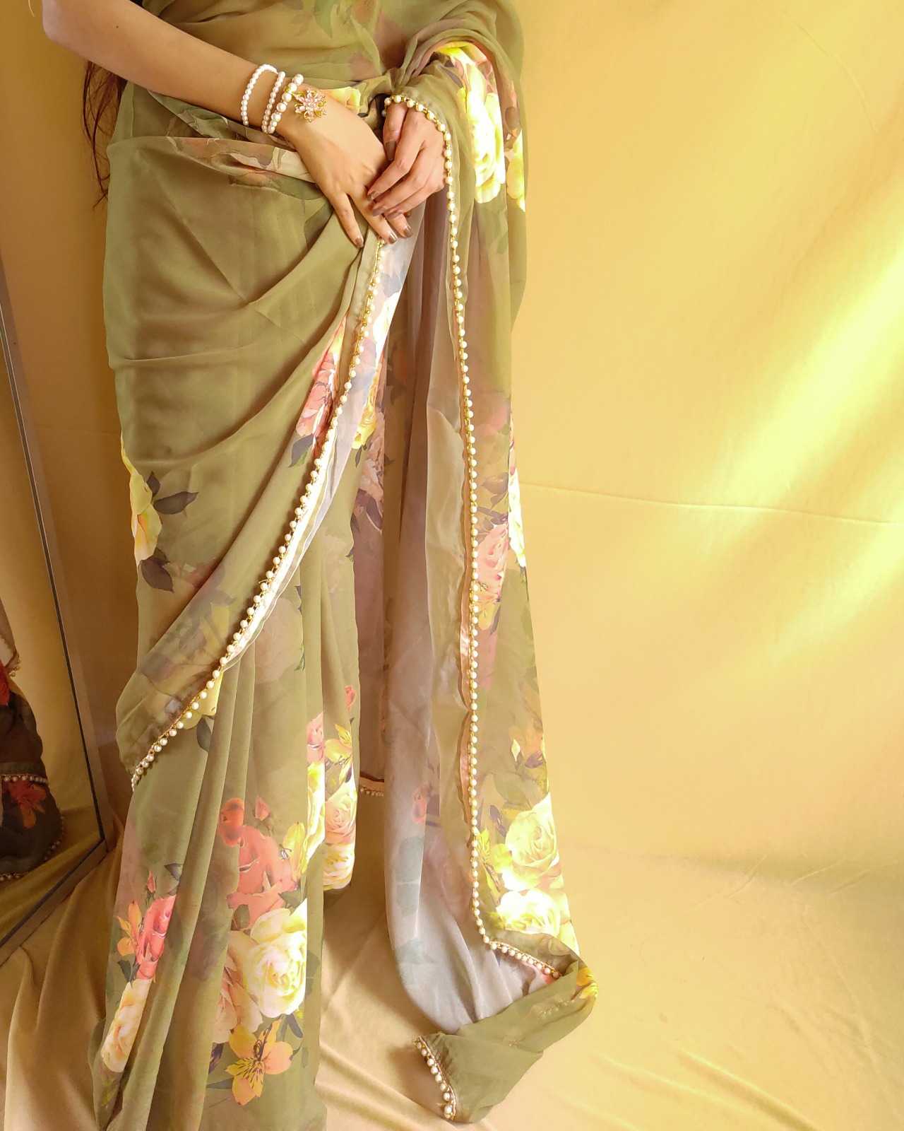 pr ynf7007 classy look georgette printed sarees with pearl lace catalog