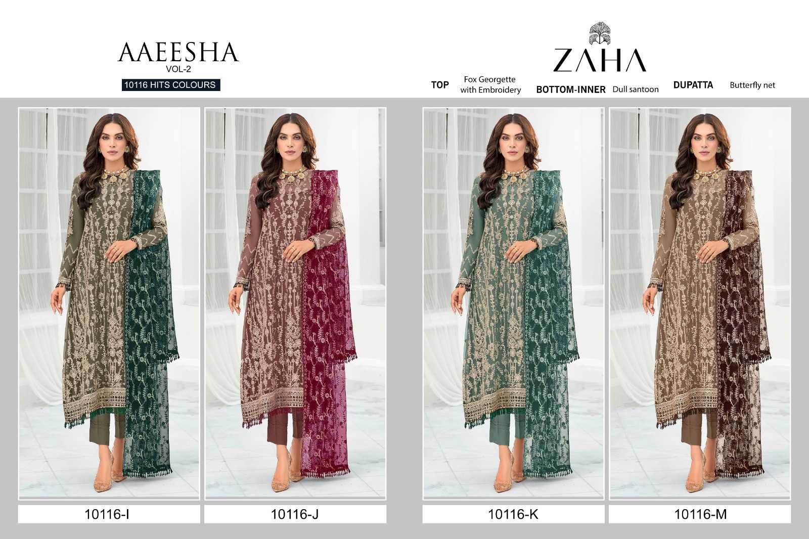 zaha aaeesha vol 2 10116 ijkl hits colors pakistani latest embroidery work unstitch suit 