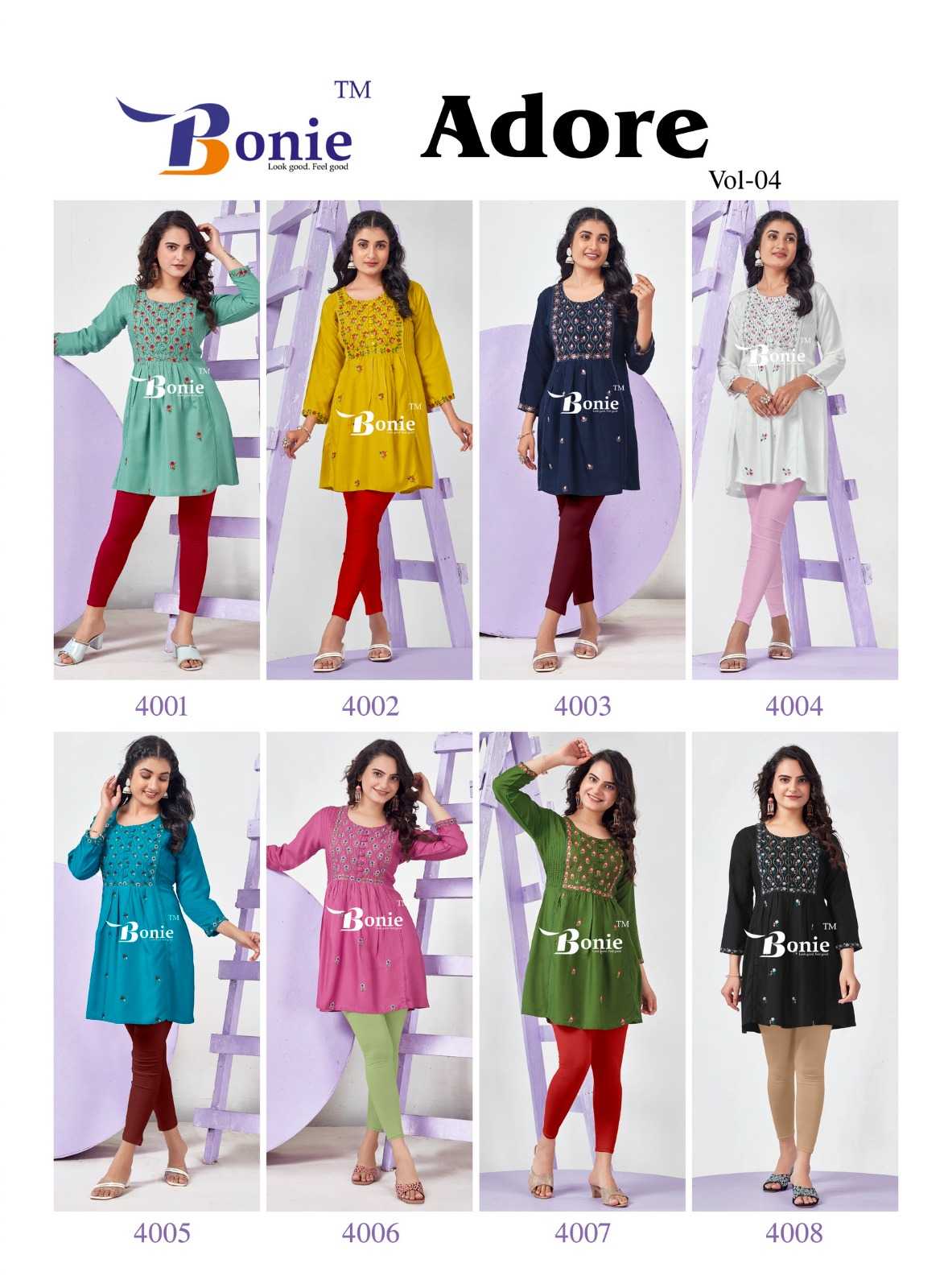 bonie adore vol 4 readymade thread work short kurti collection