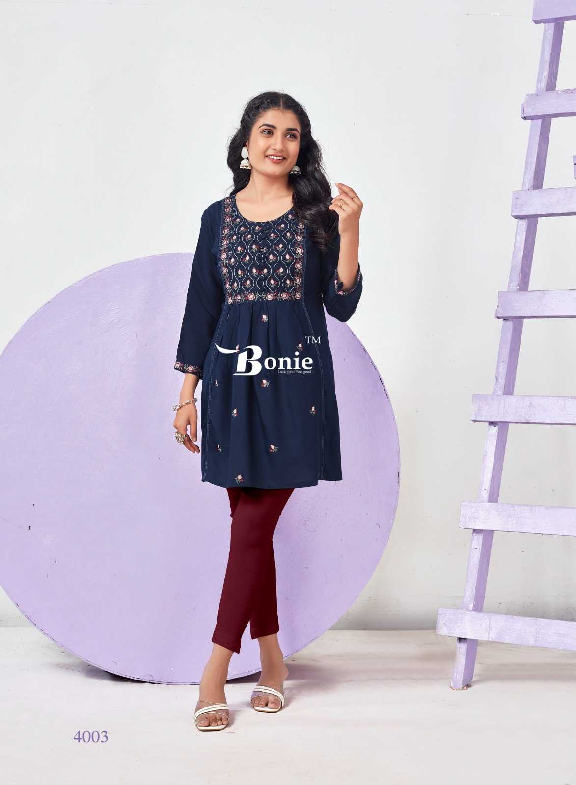 bonie adore vol 4 readymade thread work short kurti collection